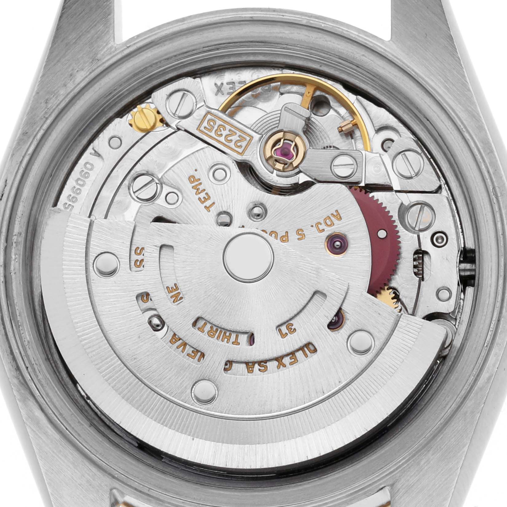 This image shows the movement of a Rolex Datejust 79173 Women's Steel and Gold (two tone) Silver Dial 79173 Women's Steel and Gold (two tone) Silver Dial watch from the back, highlighting the rotor and internal components.