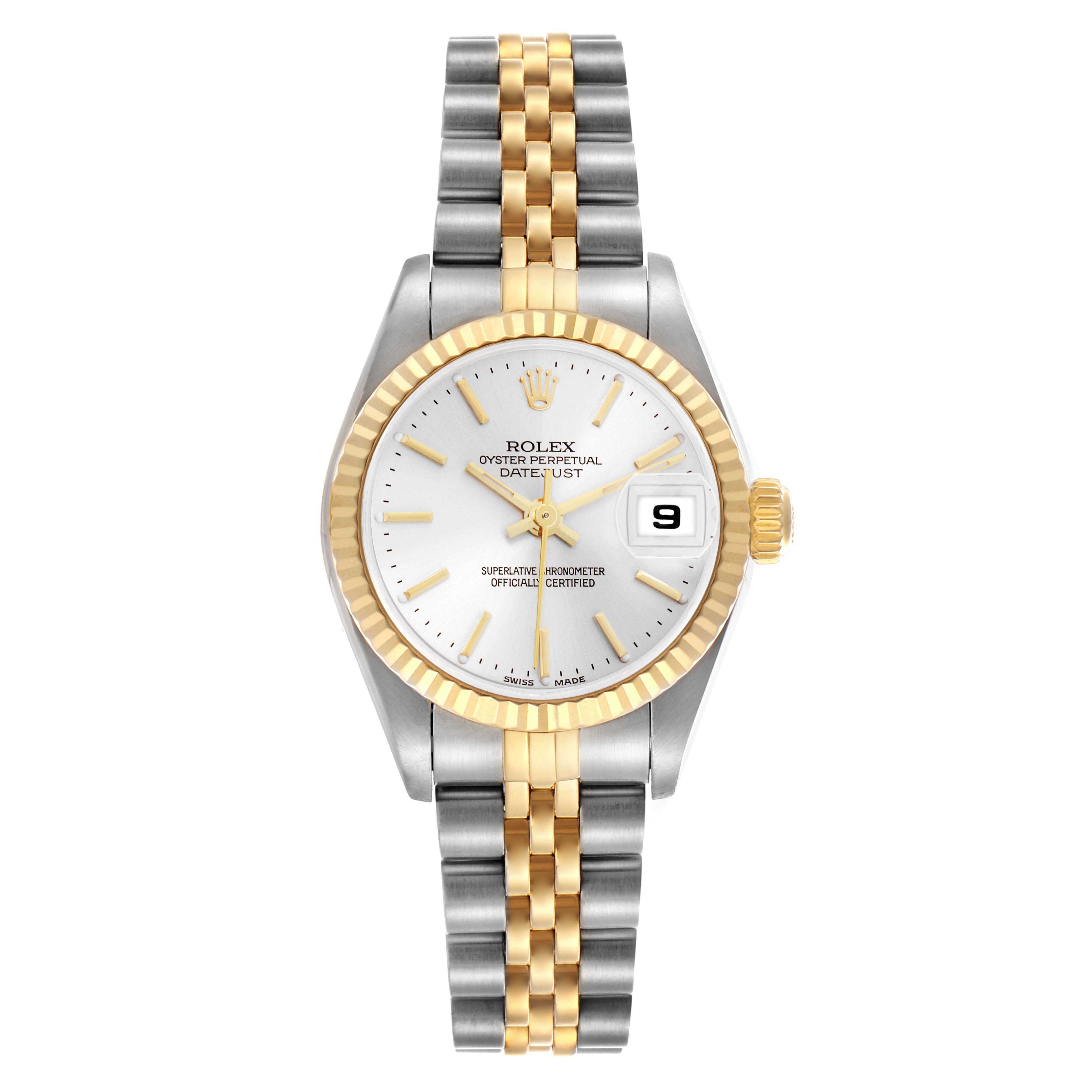 The Rolex Datejust 79173 Women's Steel and Gold (two tone) Silver Dial 79173 Women's Steel and Gold (two tone) Silver Dial is shown from a front angle, highlighting its two-tone bracelet, fluted bezel, white dial, and date display.
