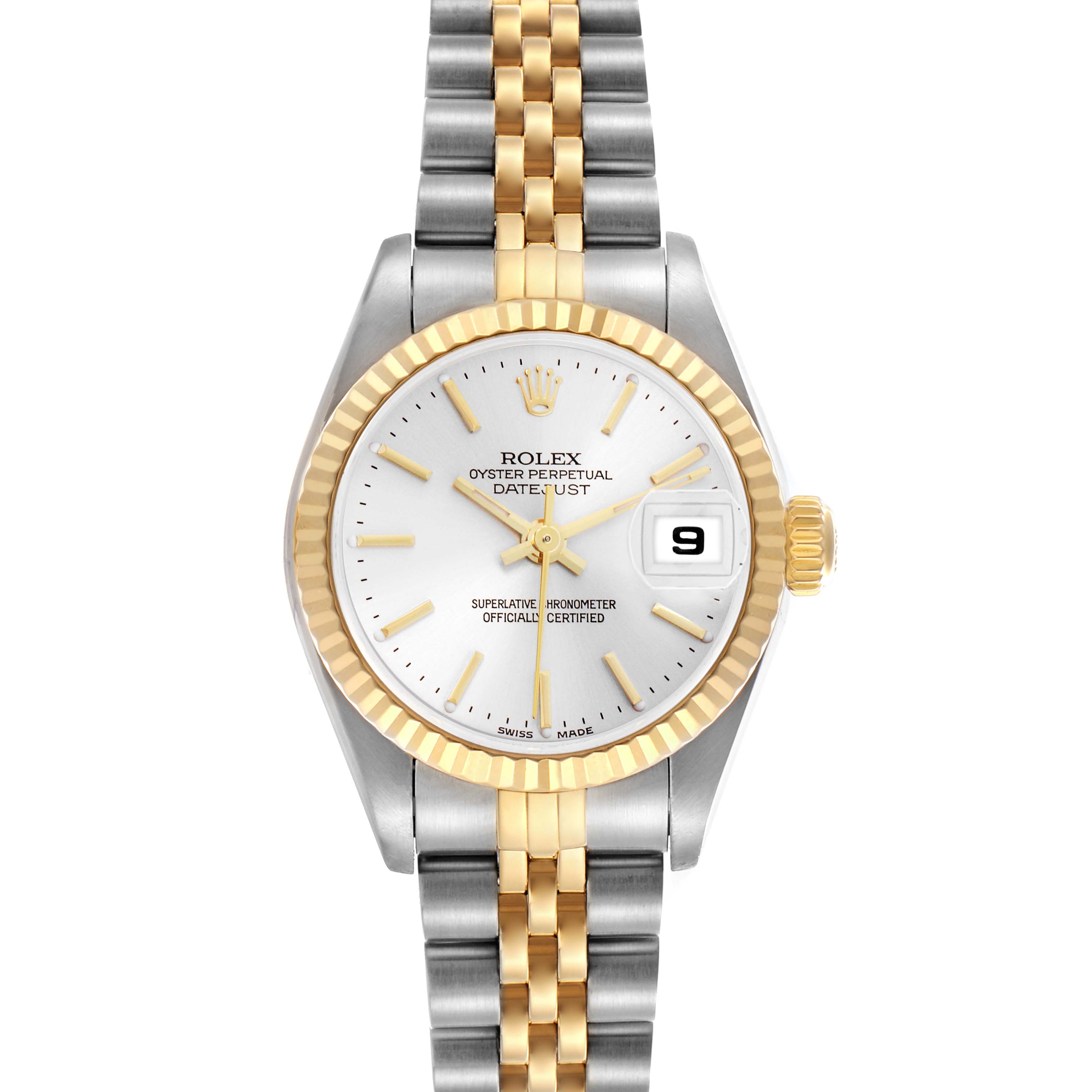 The Rolex Datejust 79173 Women's Steel and Gold (two tone) Silver Dial 79173 Women's Steel and Gold (two tone) Silver Dial watch is shown from a front angle, highlighting its dial, fluted bezel, jubilee bracelet, and date window.