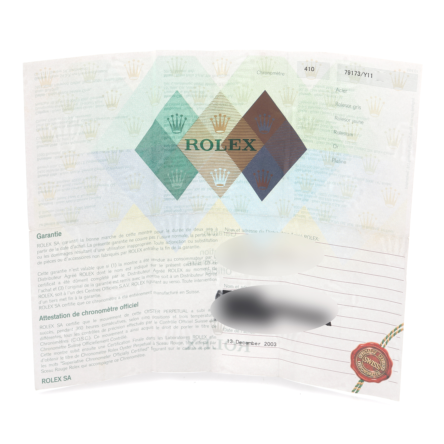 The image shows the warranty card for a Rolex Datejust 79173 Women's Steel and Gold (two tone) Silver Dial 79173 Women's Steel and Gold (two tone) Silver Dial watch, featuring the brand logo and details.