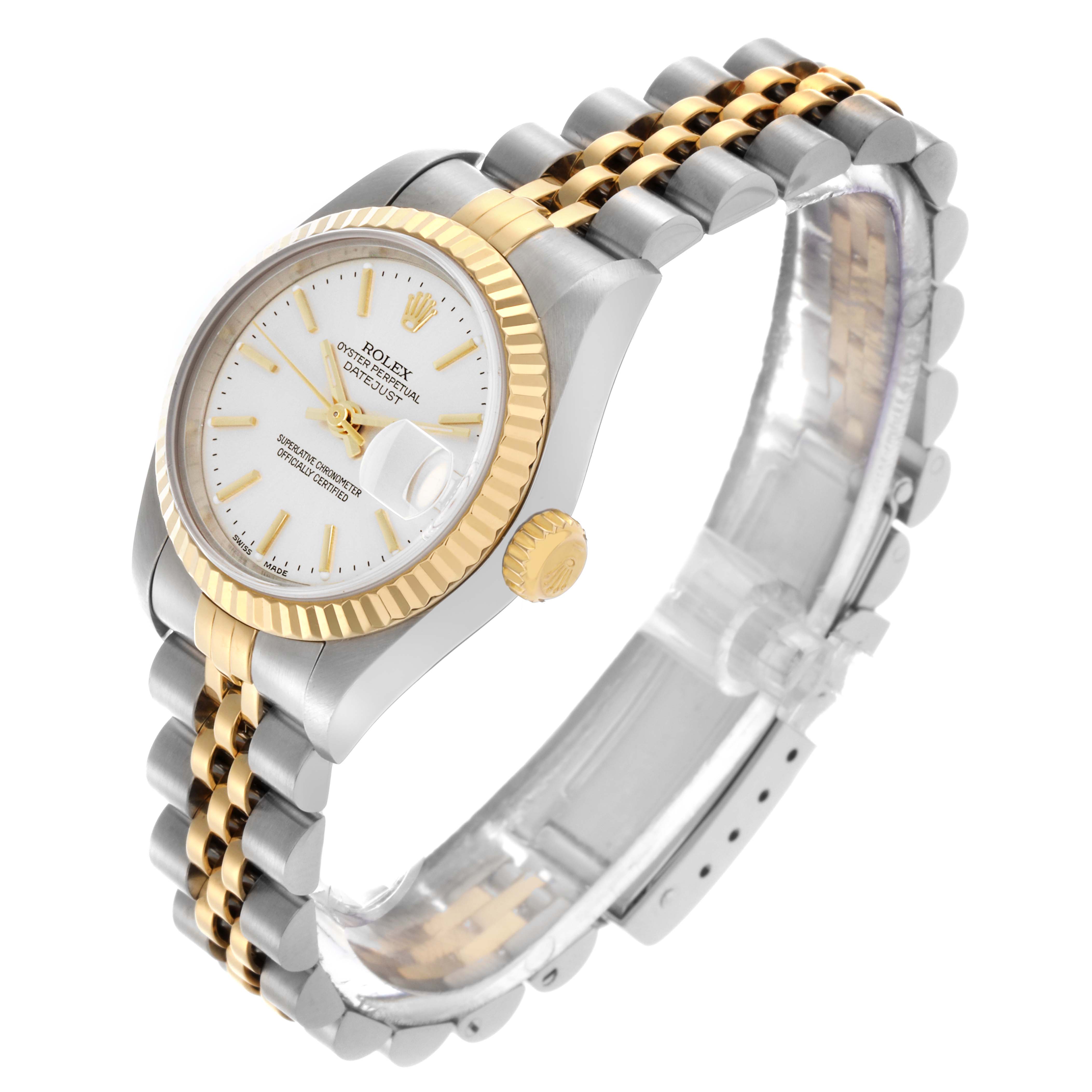 The Rolex Datejust 79173 Women's Steel and Gold (two tone) Silver Dial 79173 Women's Steel and Gold (two tone) Silver Dial watch is shown at an angled view highlighting the gold and silver bracelet, bezel, crown, and dial.