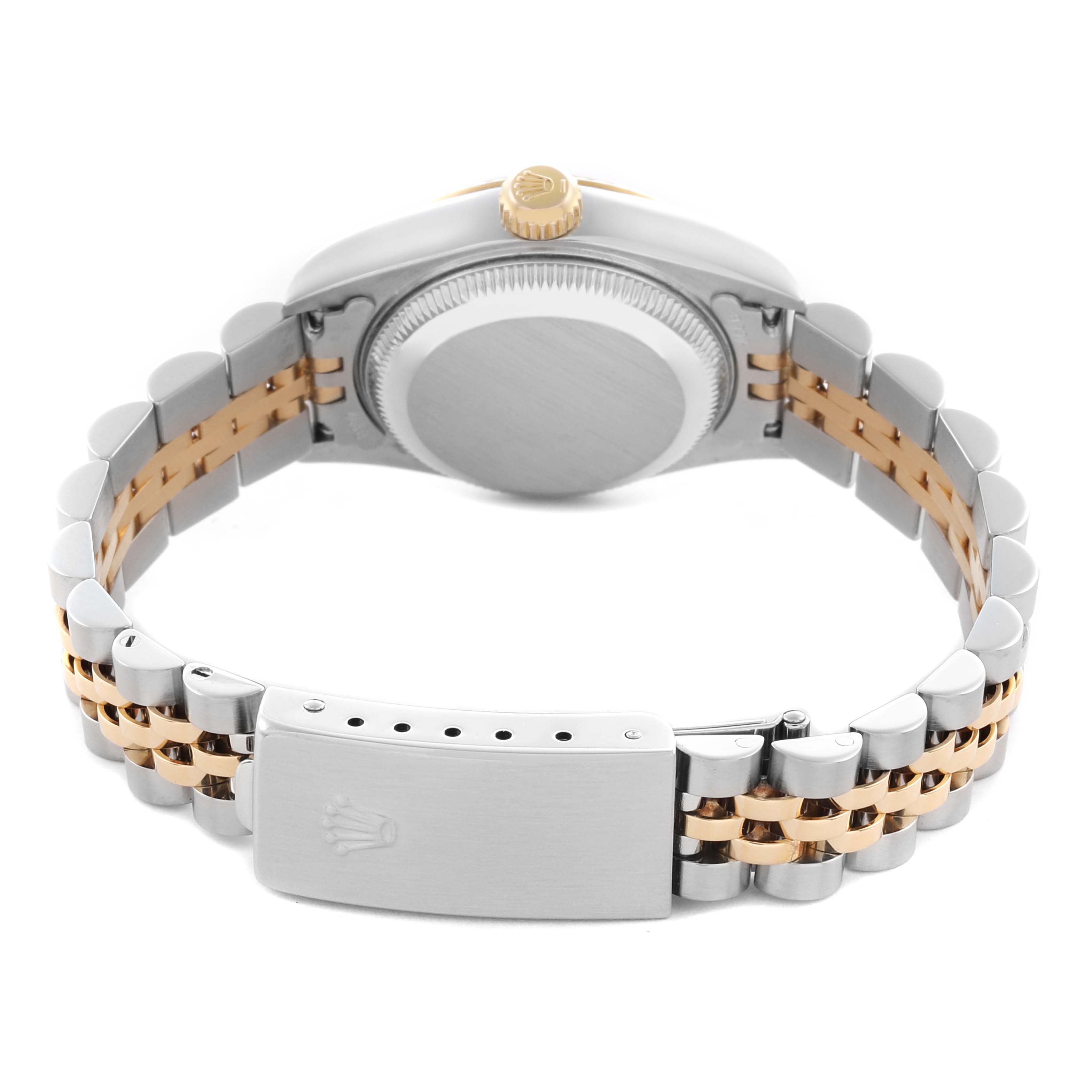 The image shows the back of a Rolex Datejust 79173 Women's Steel and Gold (two tone) Silver Dial 79173 Women's Steel and Gold (two tone) Silver Dial watch, highlighting the case back, crown, and two-tone jubilee bracelet with clasp.