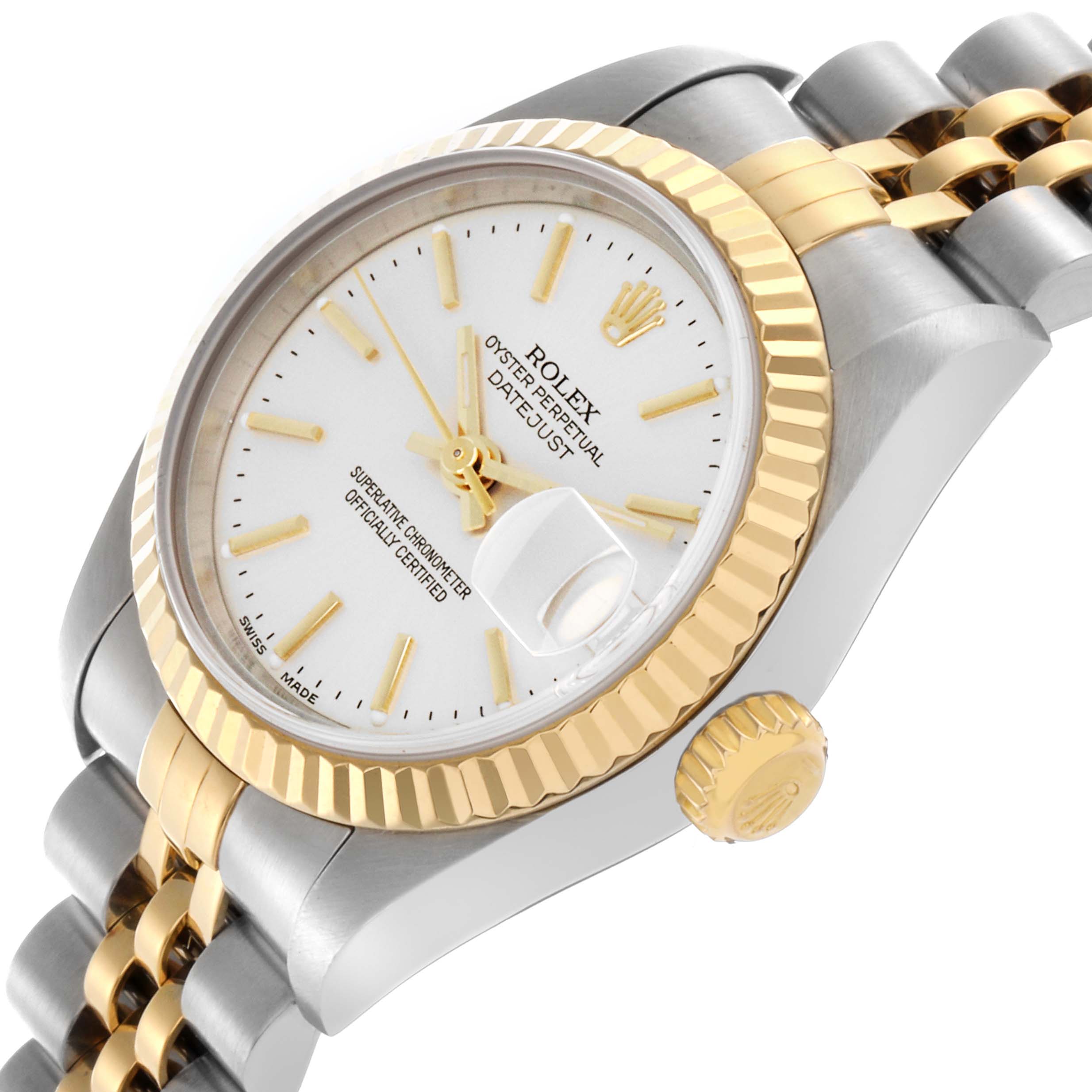 The Rolex Datejust 79173 Women's Steel and Gold (two tone) Silver Dial 79173 Women's Steel and Gold (two tone) Silver Dial watch is shown at a slight angle, highlighting the bezel, dial, bracelet, and crown.
