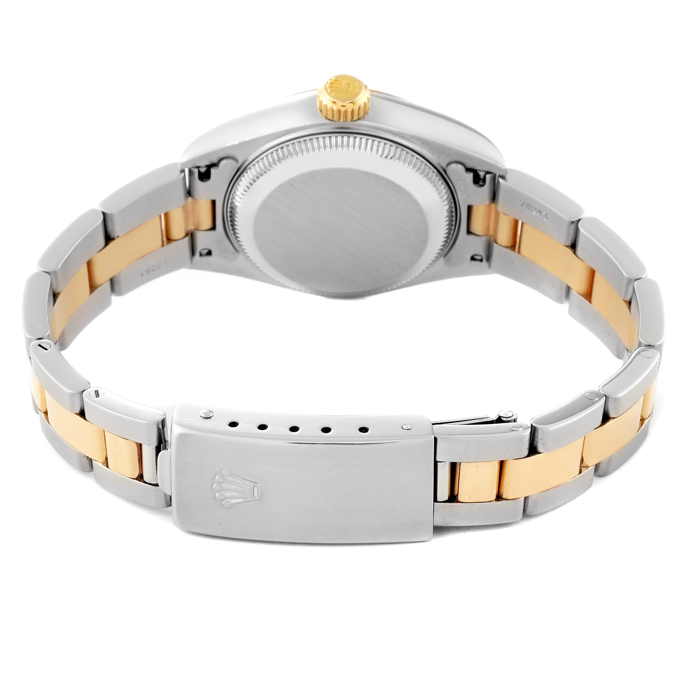 This image shows the back view of a Rolex Datejust 79173 Women's Steel and Gold (two tone) Silver Dial 79173 Women's Steel and Gold (two tone) Silver Dial watch, highlighting the case back and two-tone bracelet with a clasp. 
