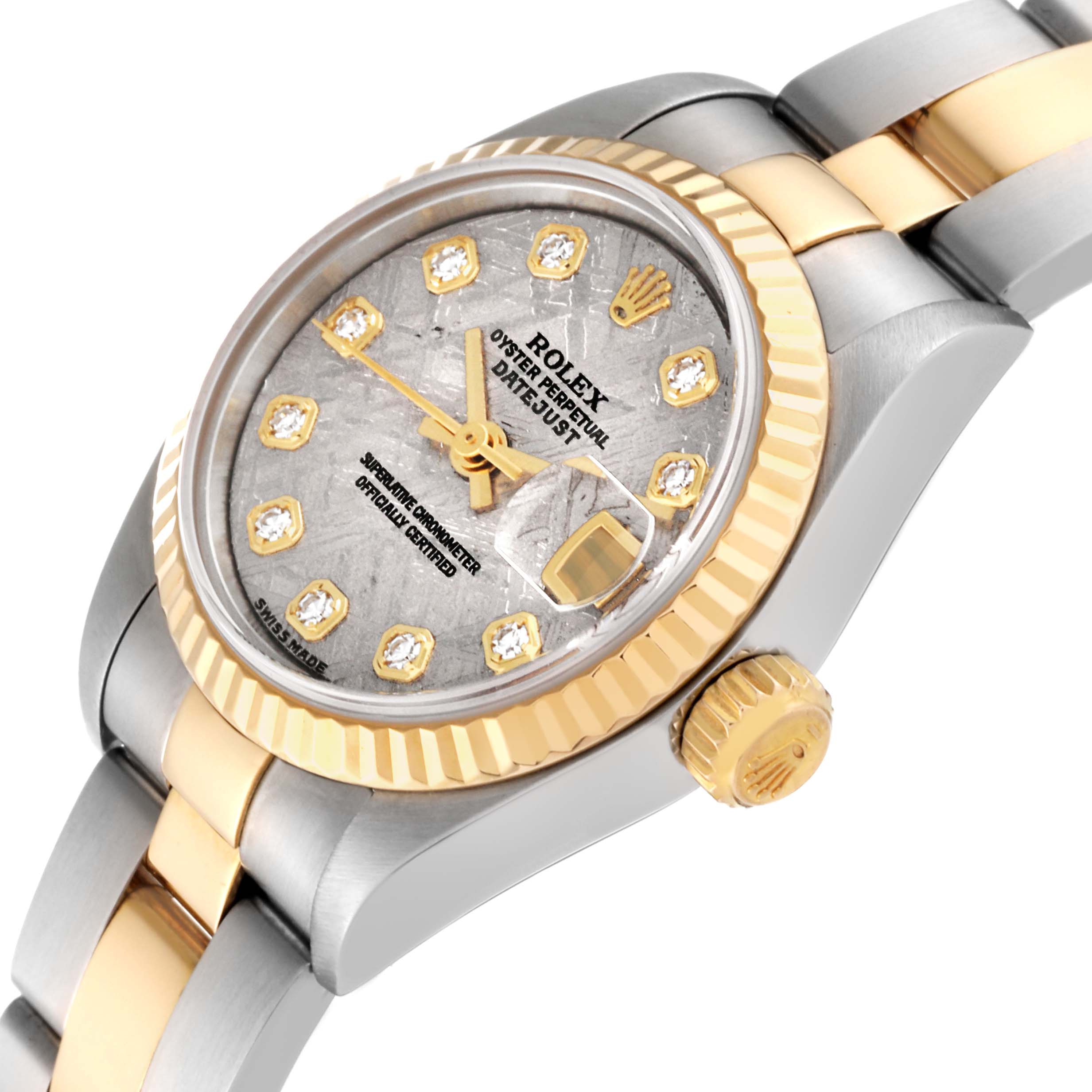 This Rolex Datejust 79173 Women's Steel and Gold (two tone) Silver Dial 79173 Women's Steel and Gold (two tone) Silver Dial watch is shown at an angled side view highlighting the face, bezel, and part of the bracelet.