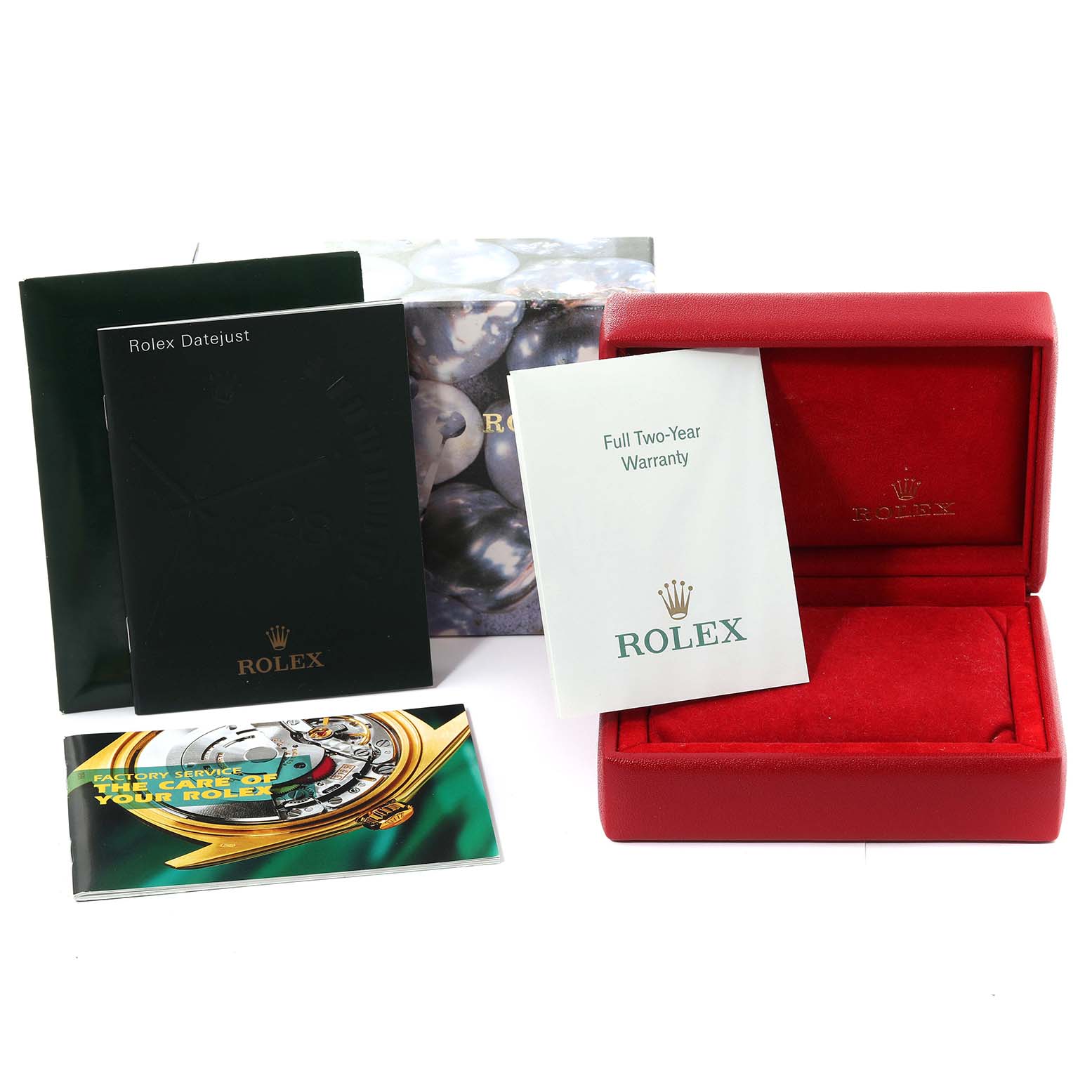 The image shows the Rolex Datejust 79173 Women's Steel and Gold (two tone) Silver Dial 79173 Women's Steel and Gold (two tone) Silver Dial packaging, including the watch box, warranty card, and manuals.