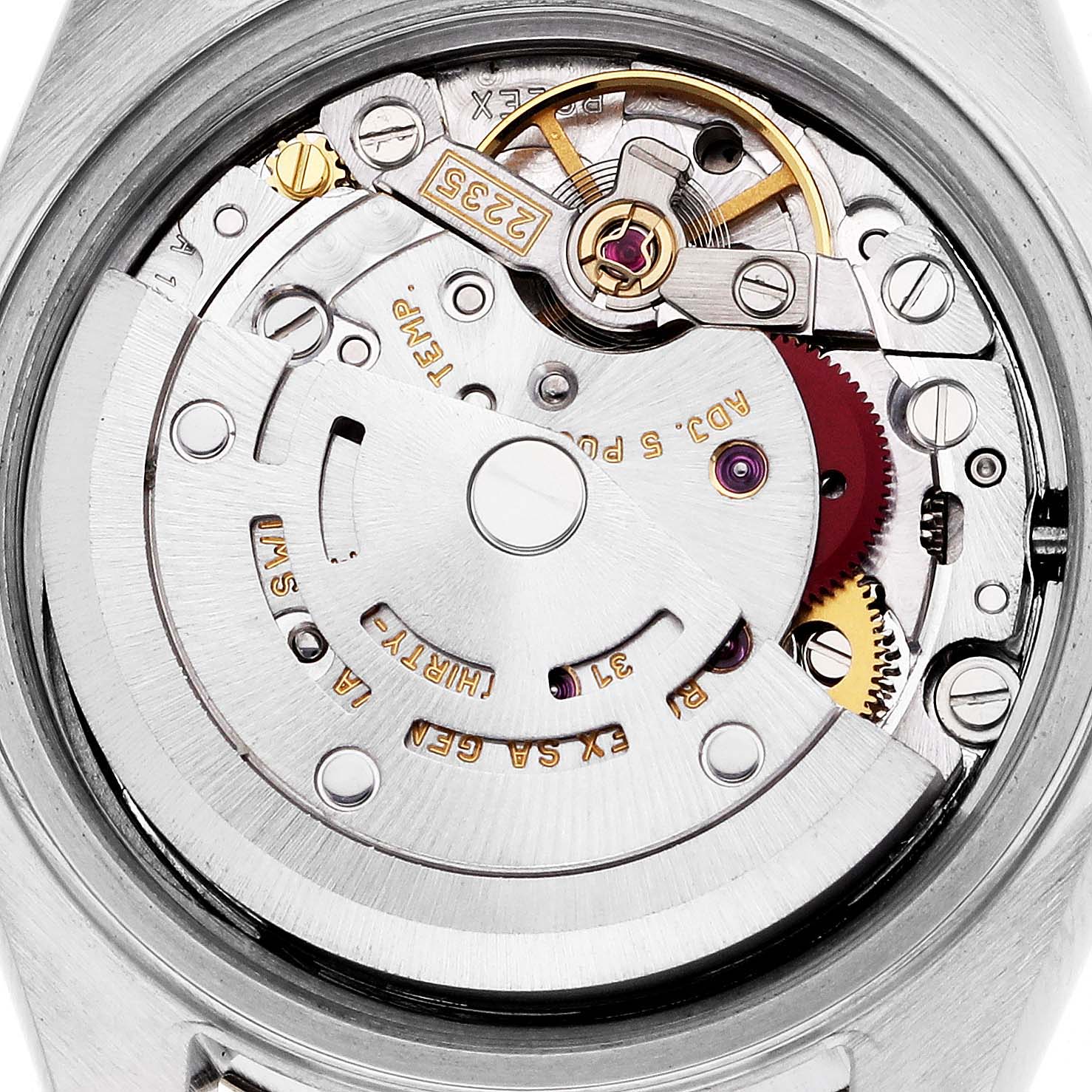 This image shows the internal movement mechanism of the Rolex Datejust 79173 Women's Steel and Gold (two tone) Silver Dial 79173 Women's Steel and Gold (two tone) Silver Dial watch from a close-up angle.