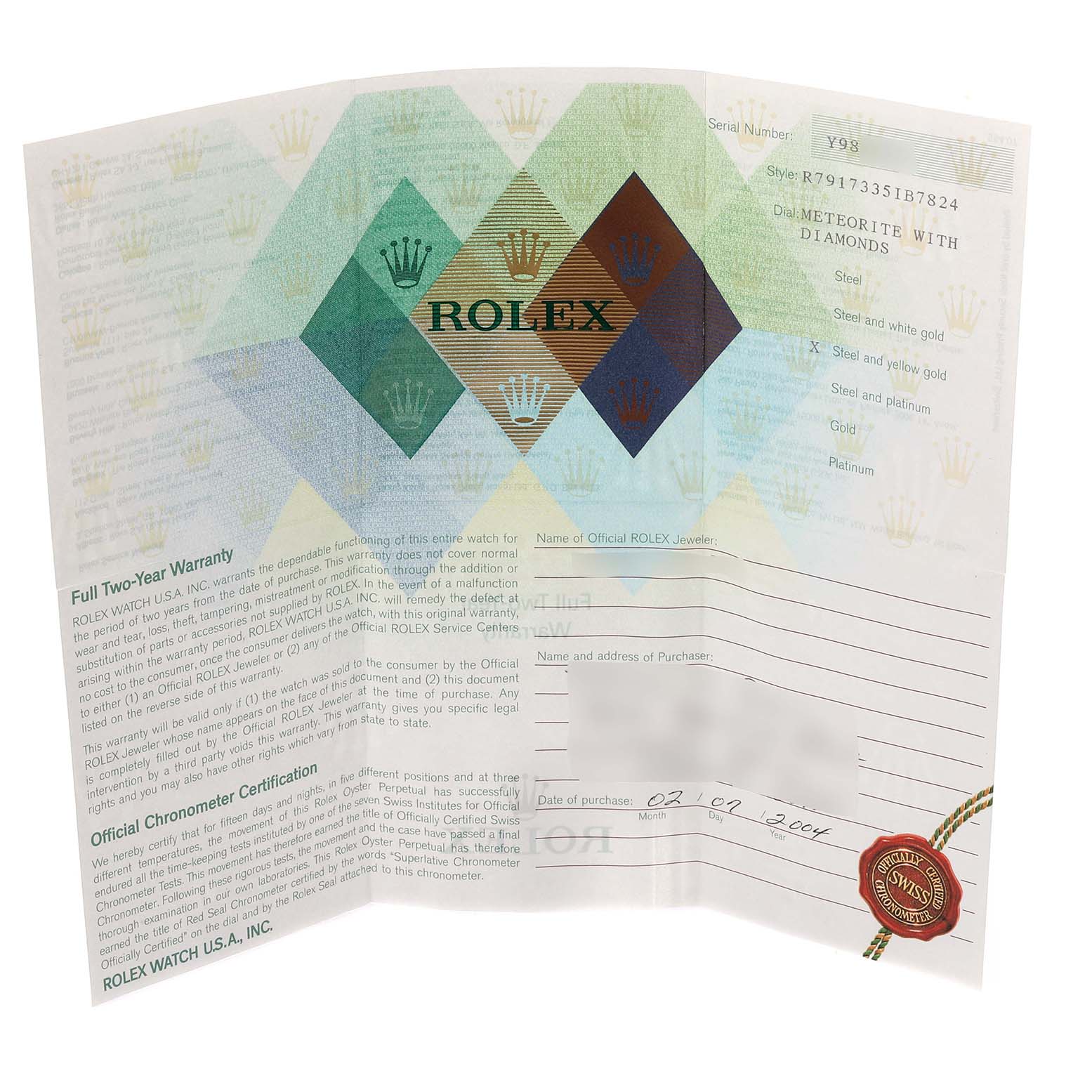 The image shows the warranty certificate for a Rolex Datejust 79173 Women's Steel and Gold (two tone) Silver Dial 79173 Women's Steel and Gold (two tone) Silver Dial watch, detailing its specifications and purchase information.