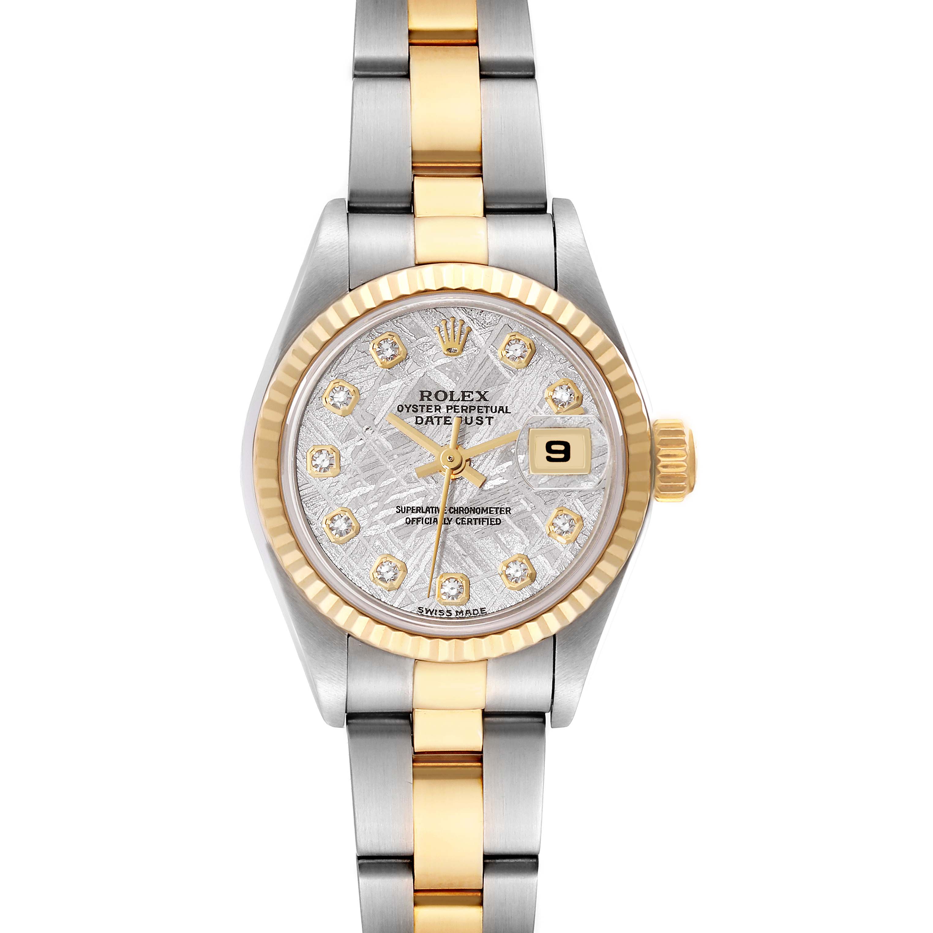 The Rolex Datejust 79173 Women's Steel and Gold (two tone) Silver Dial 79173 Women's Steel and Gold (two tone) Silver Dial watch is shown from a top-down angle, highlighting its dial, bezel, and two-tone bracelet.