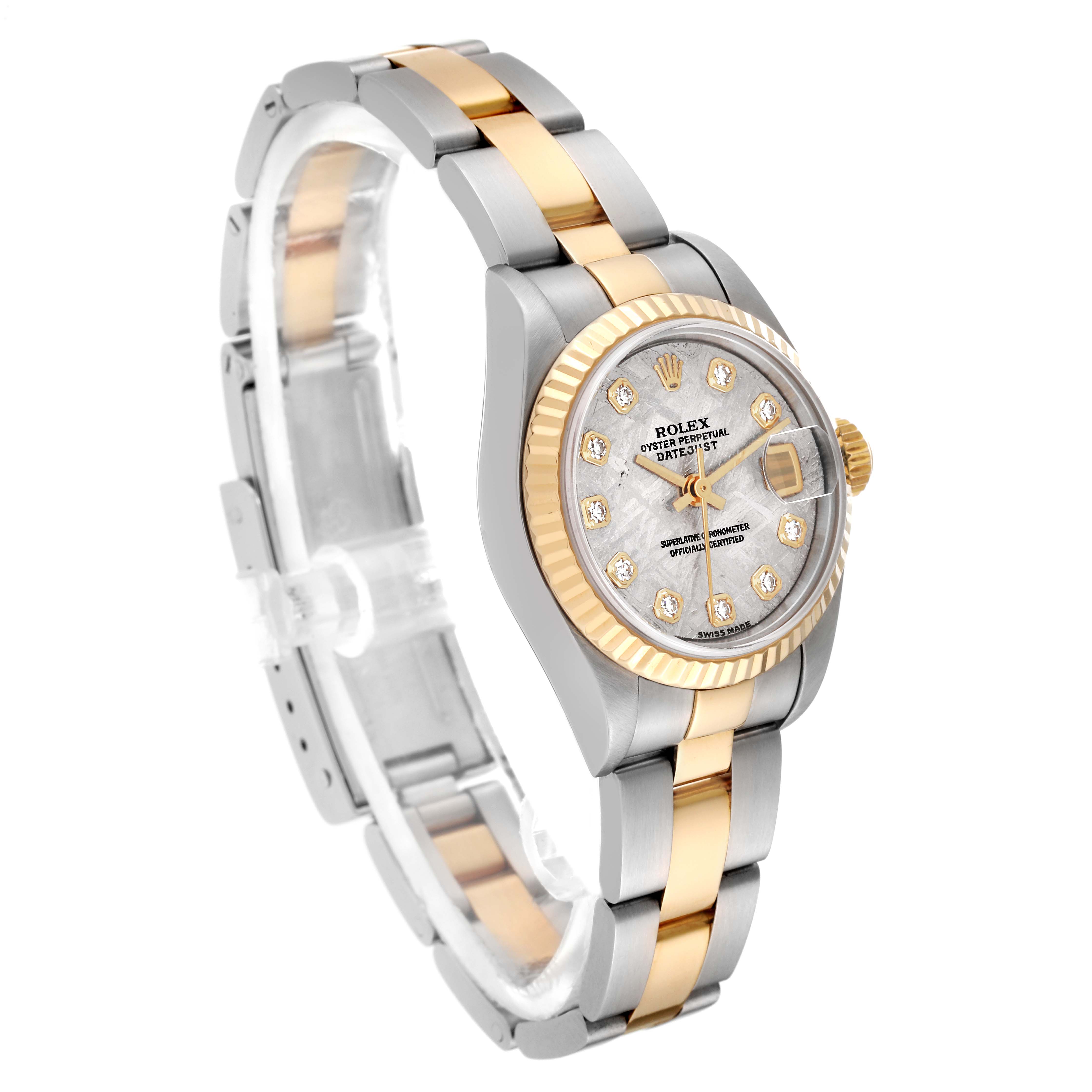 The image shows a Rolex Datejust 79173 Women's Steel and Gold (two tone) Silver Dial 79173 Women's Steel and Gold (two tone) Silver Dial watch at a three-quarter angle, highlighting its two-tone bracelet, fluted bezel, and diamond hour markers.