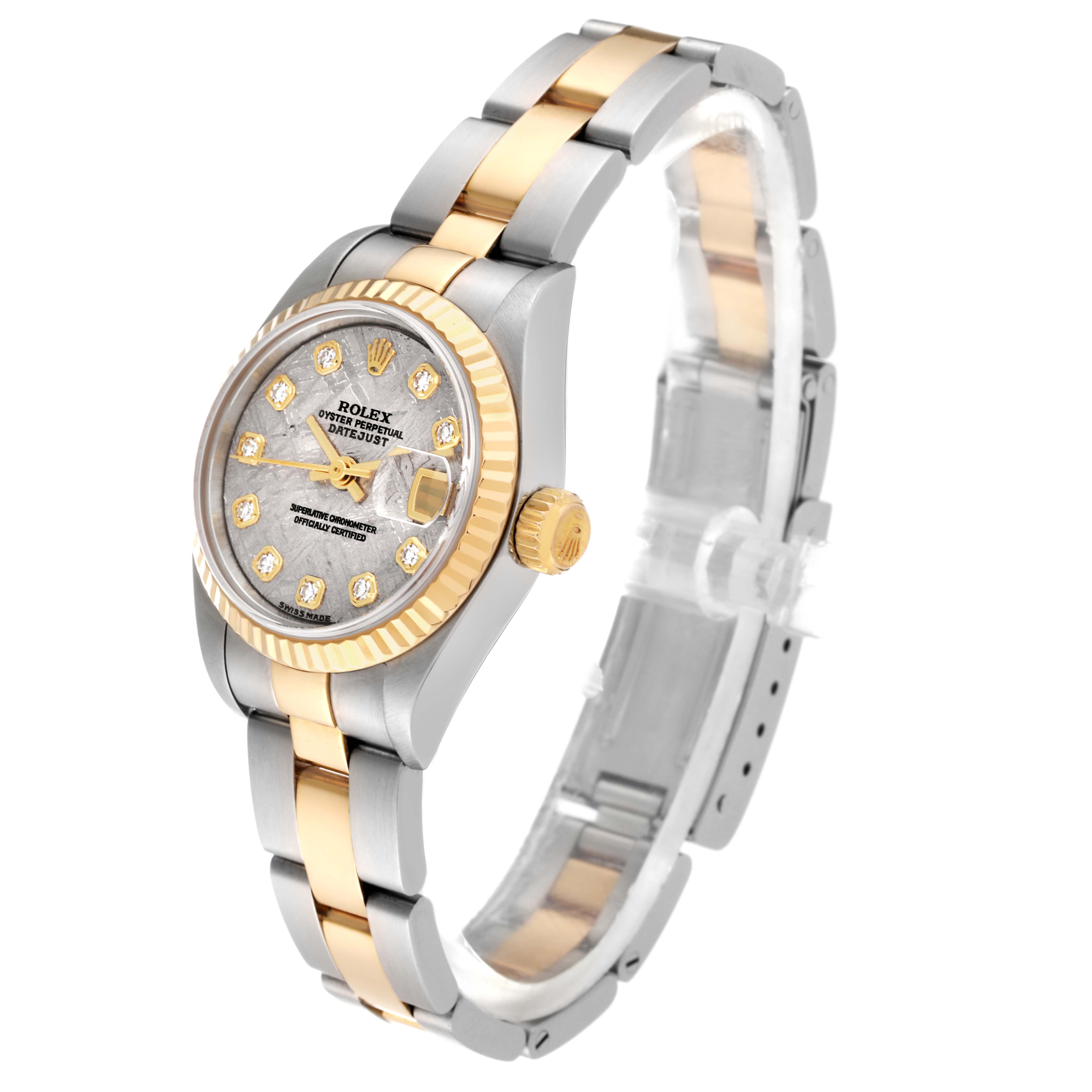 The image shows a side angle of a Rolex Datejust 79173 Women's Steel and Gold (two tone) Silver Dial 79173 Women's Steel and Gold (two tone) Silver Dial, highlighting the dial, bezel, crown, and wristband.