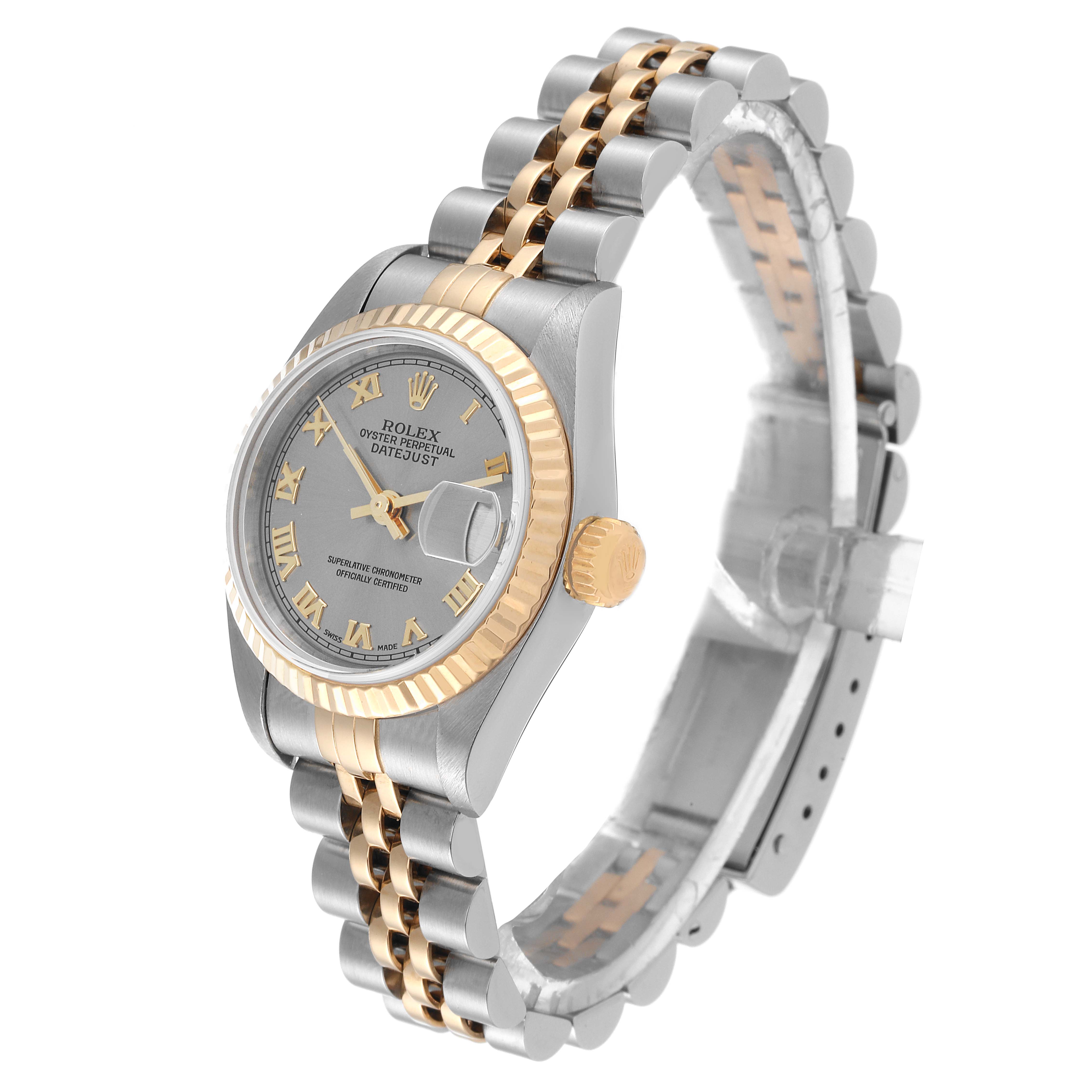 The Rolex Datejust 79173 Women's Steel and Gold (two tone) Grey Dial 79173 Women's Steel and Gold (two tone) Grey Dial model watch is shown at a slight angle, highlighting its two-tone bracelet, bezel, and dial.