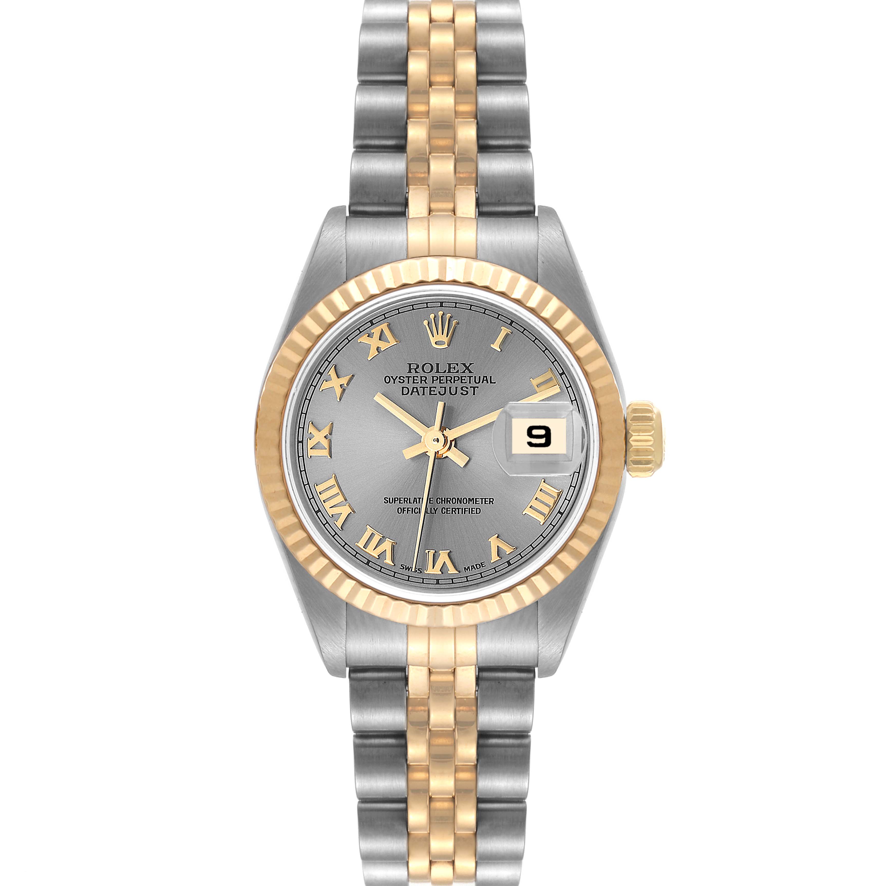 This image shows a front view of the Rolex Datejust 79173 Women's Steel and Gold (two tone) Grey Dial 79173 Women's Steel and Gold (two tone) Grey Dial, highlighting its face, bezel, crown, and two-tone bracelet.