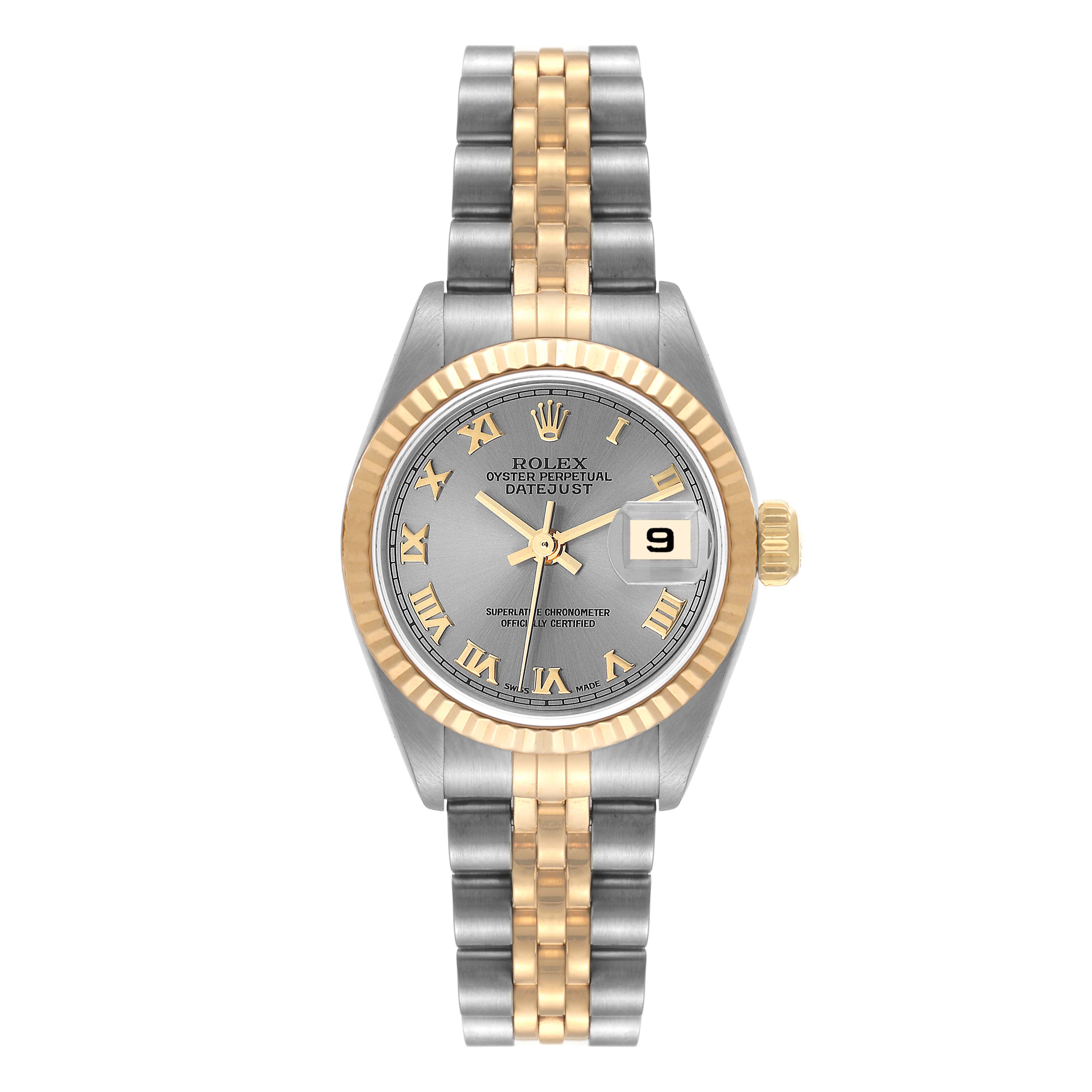This image shows a Rolex Datejust 79173 Women's Steel and Gold (two tone) Grey Dial 79173 Women's Steel and Gold (two tone) Grey Dial watch from a front angle, highlighting its dial, bezel, and two-tone bracelet.