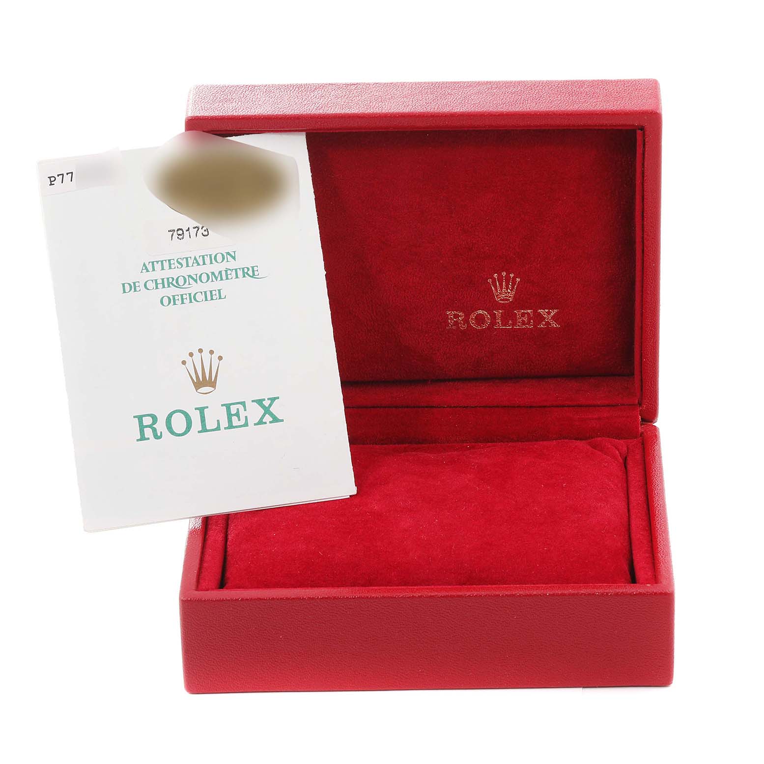 The image shows a Rolex Datejust 79173 Women's Steel and Gold (two tone) Grey Dial 79173 Women's Steel and Gold (two tone) Grey Dial watch's red velvet-lined box and its official chronometer certification document.