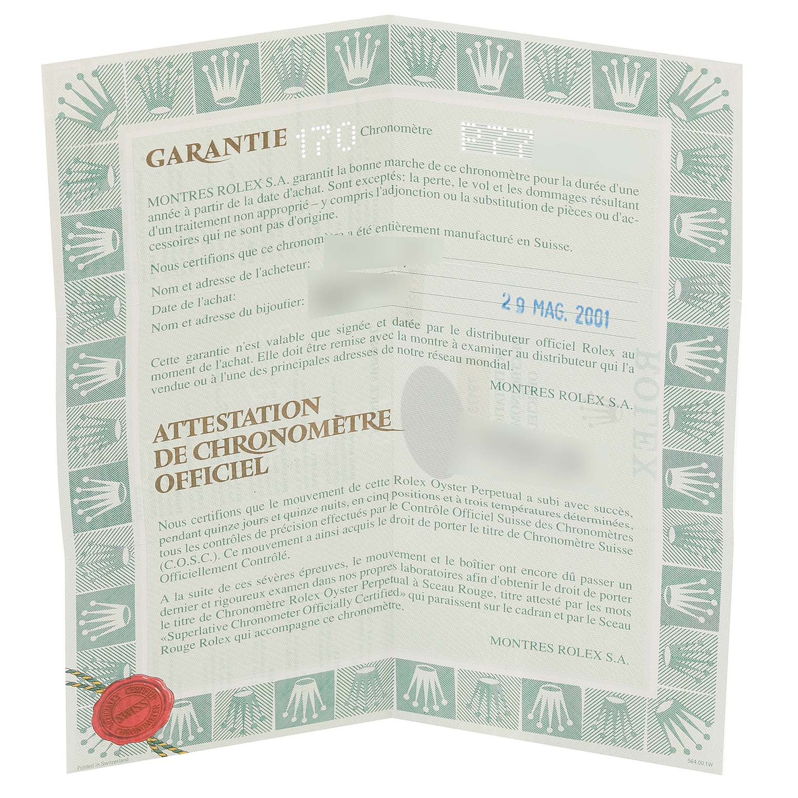 The image shows the warranty and official chronometer certification for a Rolex Datejust 79173 Women's Steel and Gold (two tone) Grey Dial 79173 Women's Steel and Gold (two tone) Grey Dial watch.