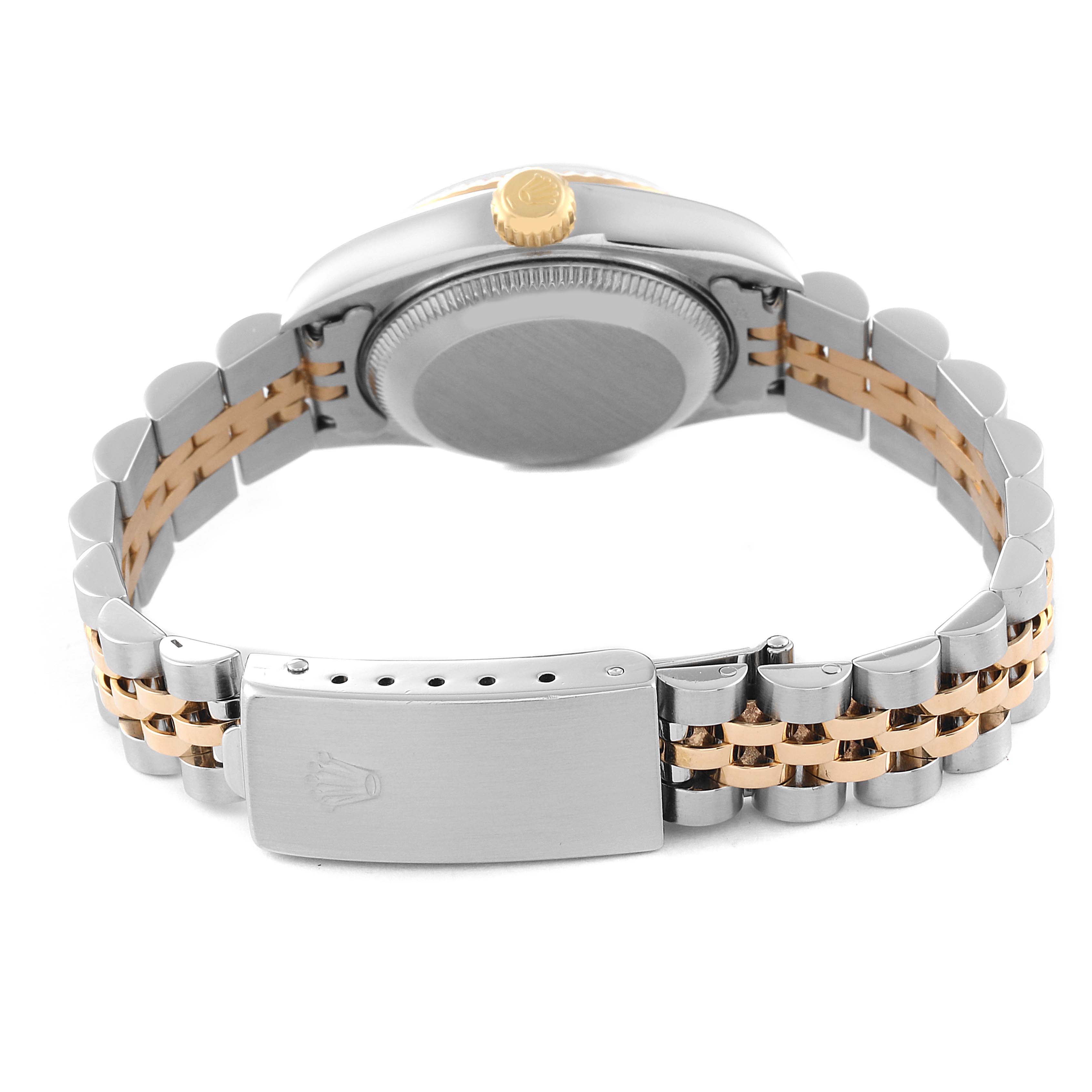 This image shows the back view of a Rolex Datejust 79173 Women's Steel and Gold (two tone) Grey Dial 79173 Women's Steel and Gold (two tone) Grey Dial, highlighting the clasp, case back, and part of the bracelet.