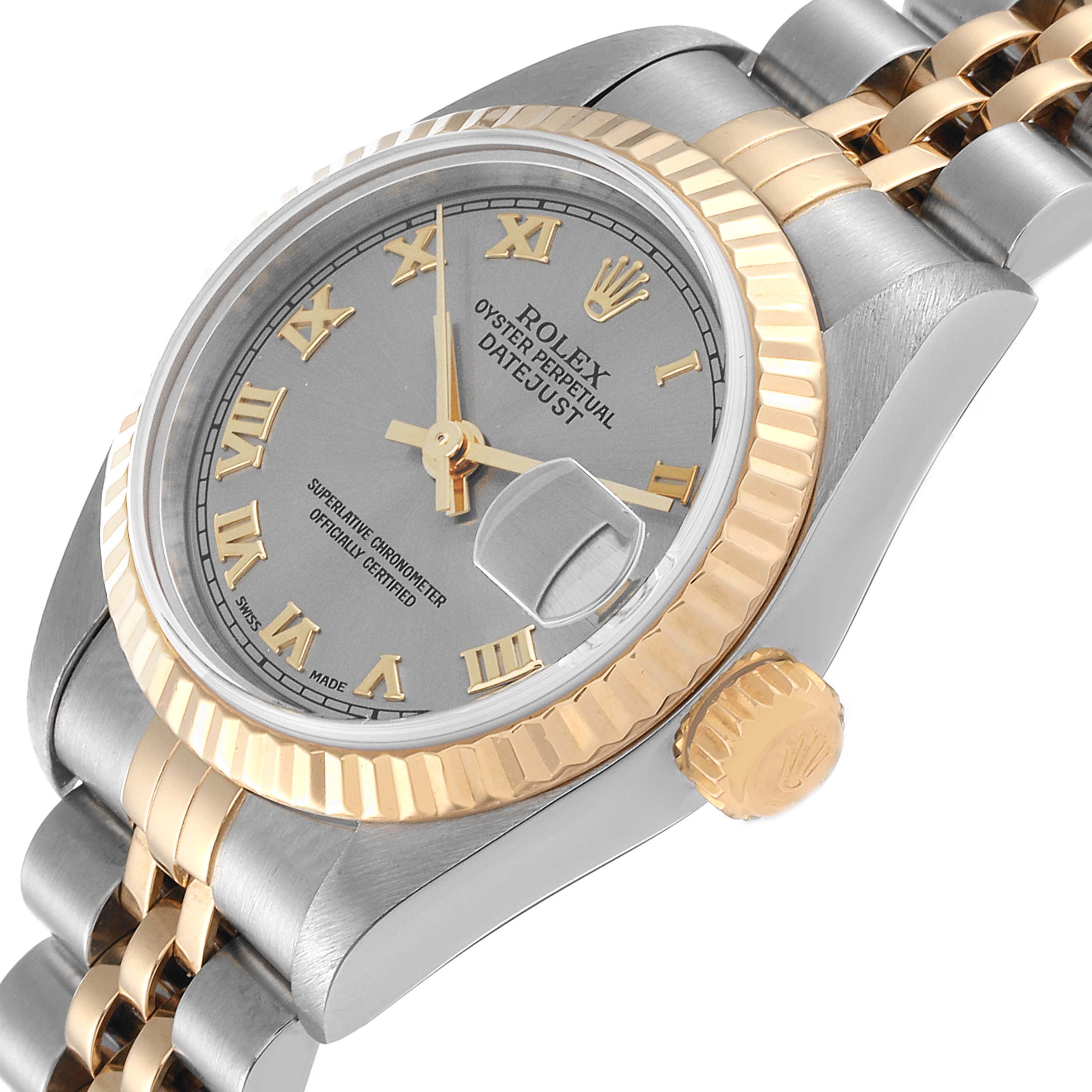 This Rolex Datejust 79173 Women's Steel and Gold (two tone) Grey Dial 79173 Women's Steel and Gold (two tone) Grey Dial watch is shown from a side angle displaying its gold bezel, crown, and two-tone bracelet.