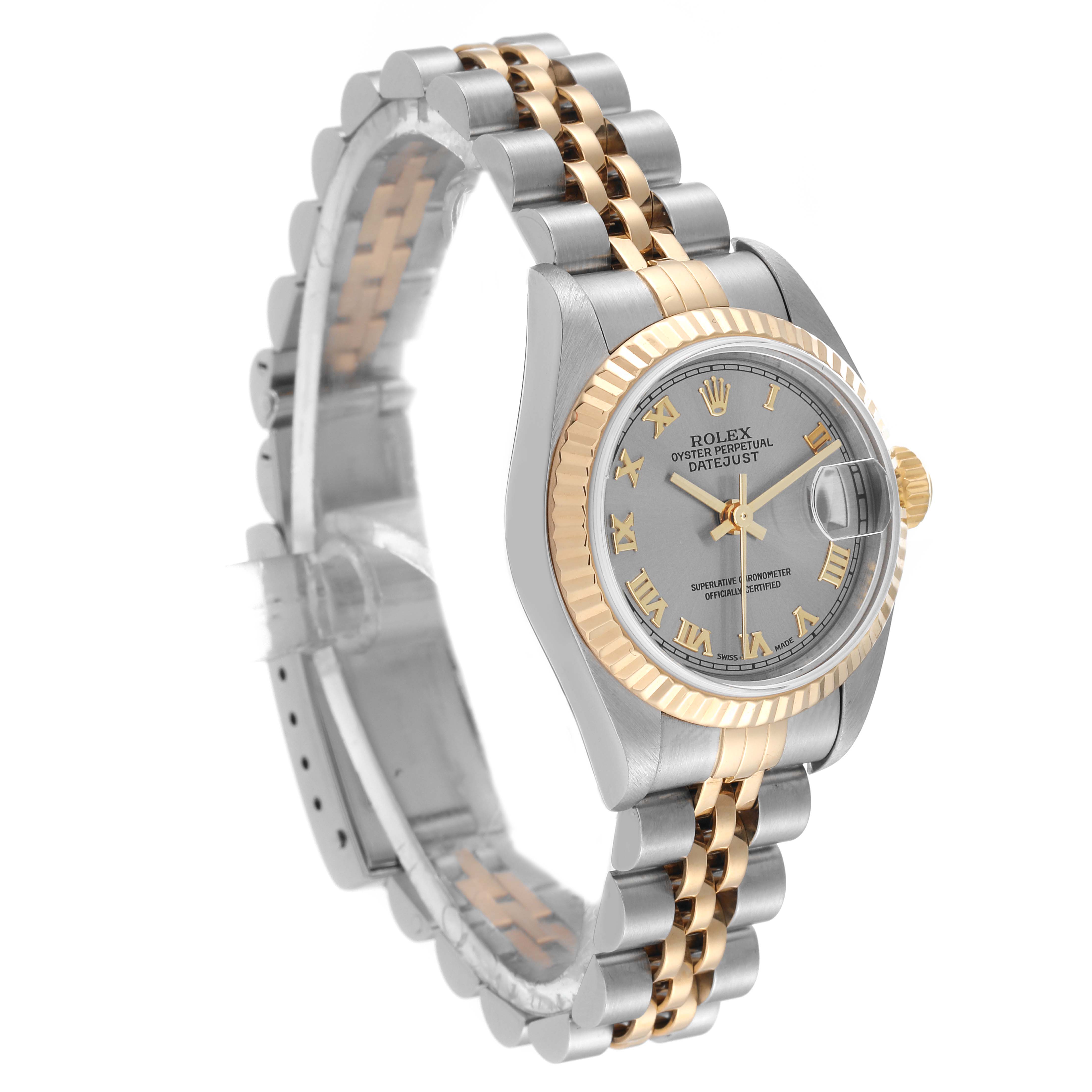 The image shows a side angle of a Rolex Datejust 79173 Women's Steel and Gold (two tone) Grey Dial 79173 Women's Steel and Gold (two tone) Grey Dial watch, highlighting its bezel, bracelet, and dial.