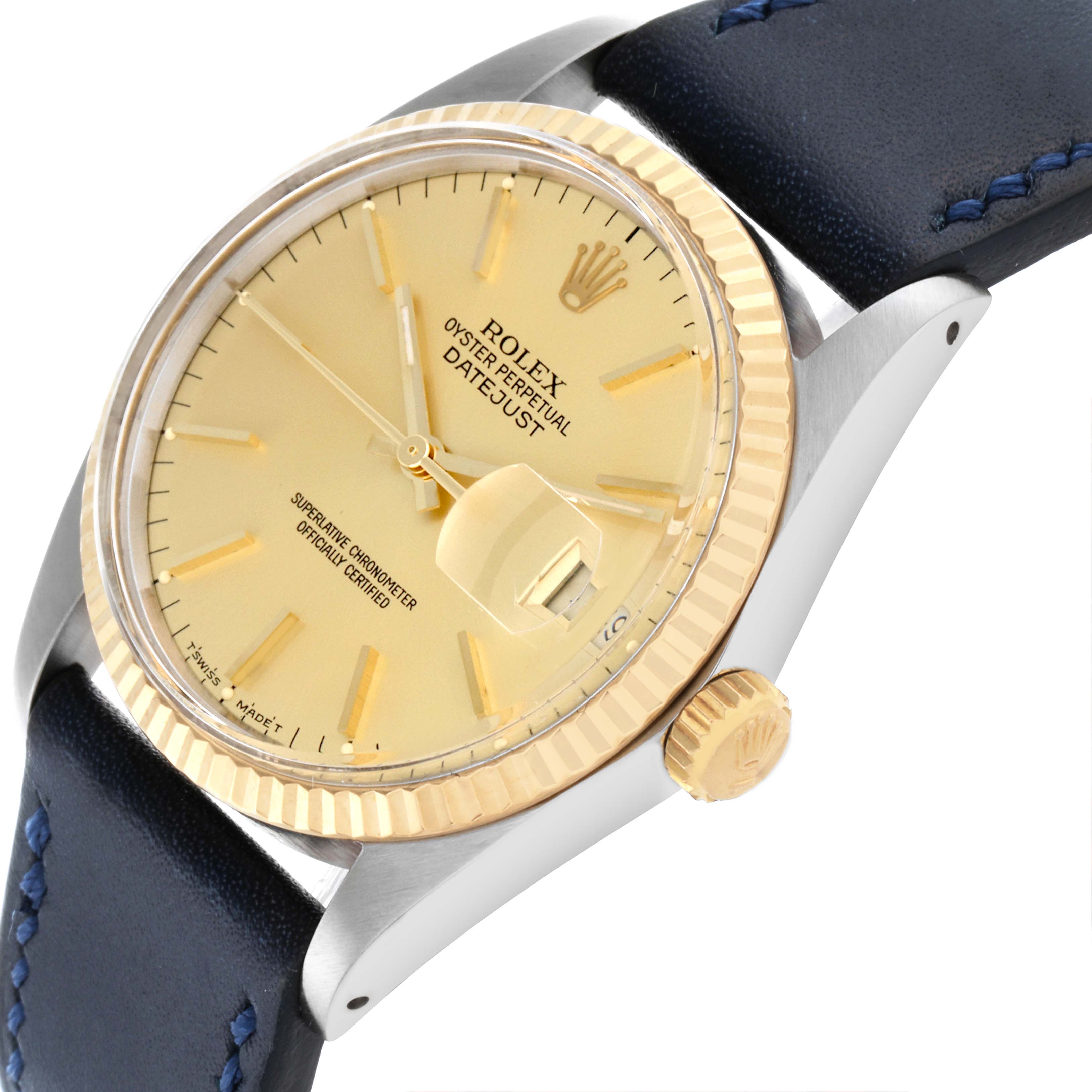 The Rolex Datejust 16013 Men's Steel and Gold (two tone) Champagne Dial 16013 Men's Steel and Gold (two tone) Champagne Dial watch is shown at an angled close-up, highlighting the dial, crown, and bezel.