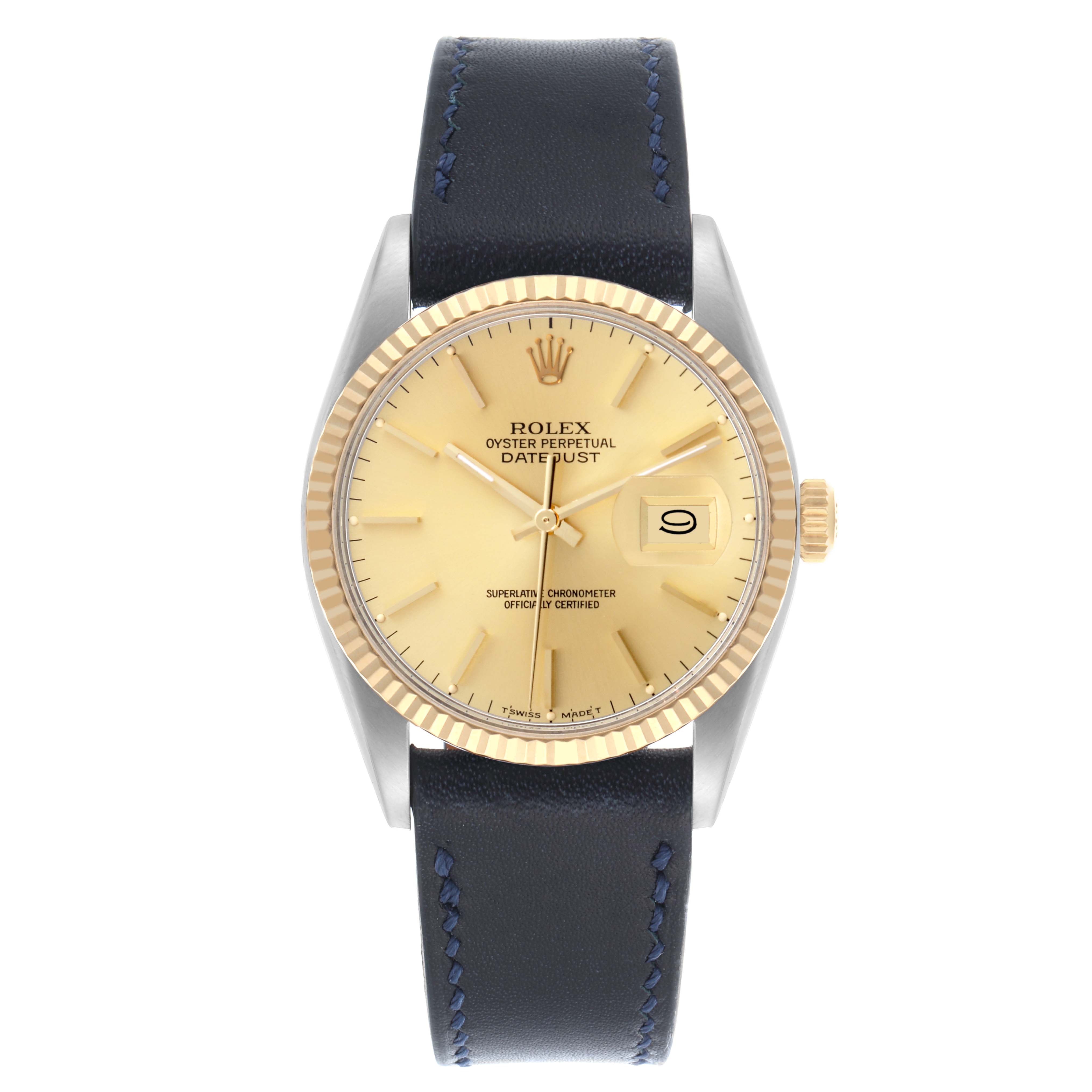 The Rolex Datejust 16013 Men's Steel and Gold (two tone) Champagne Dial 16013 Men's Steel and Gold (two tone) Champagne Dial watch is shown from the front, displaying the dial, fluted bezel, crown, and a dark strap.