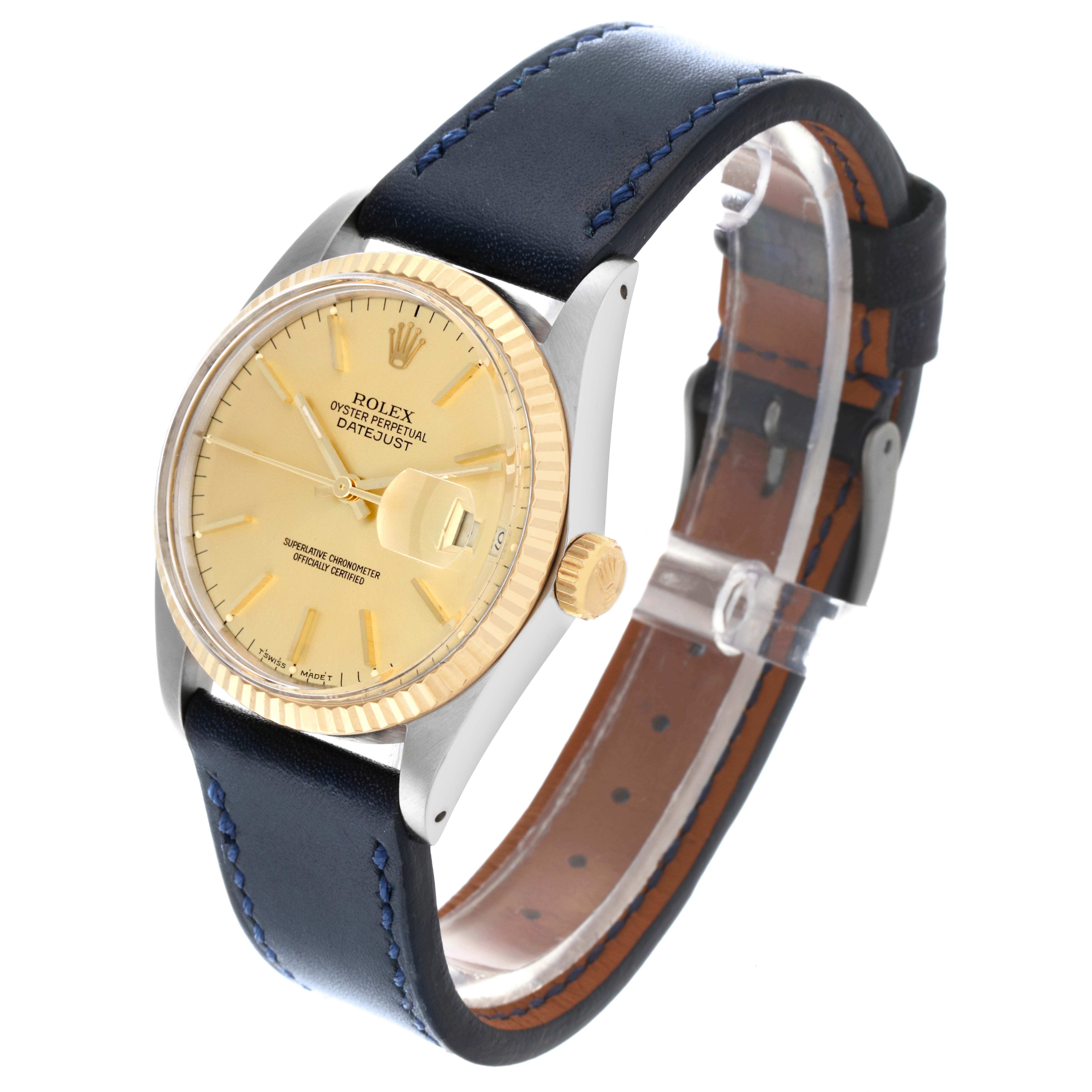 The Rolex Datejust 16013 Men's Steel and Gold (two tone) Champagne Dial 16013 Men's Steel and Gold (two tone) Champagne Dial watch is shown at an angled side view, highlighting the dial, bezel, crown, and leather strap.