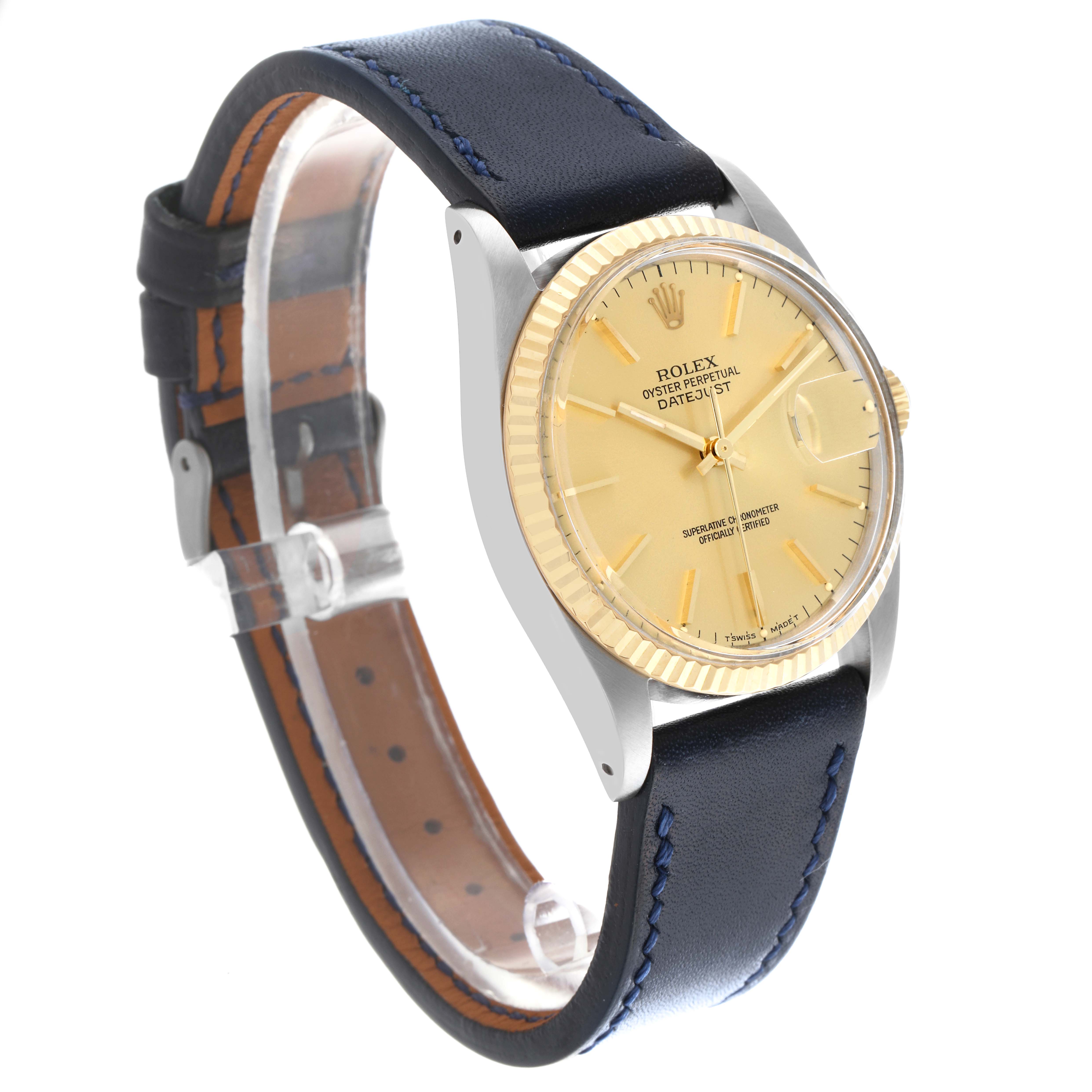 The Rolex Datejust 16013 Men's Steel and Gold (two tone) Champagne Dial 16013 Men's Steel and Gold (two tone) Champagne Dial watch is shown at a side angle, displaying its dial, bezel, and leather strap.