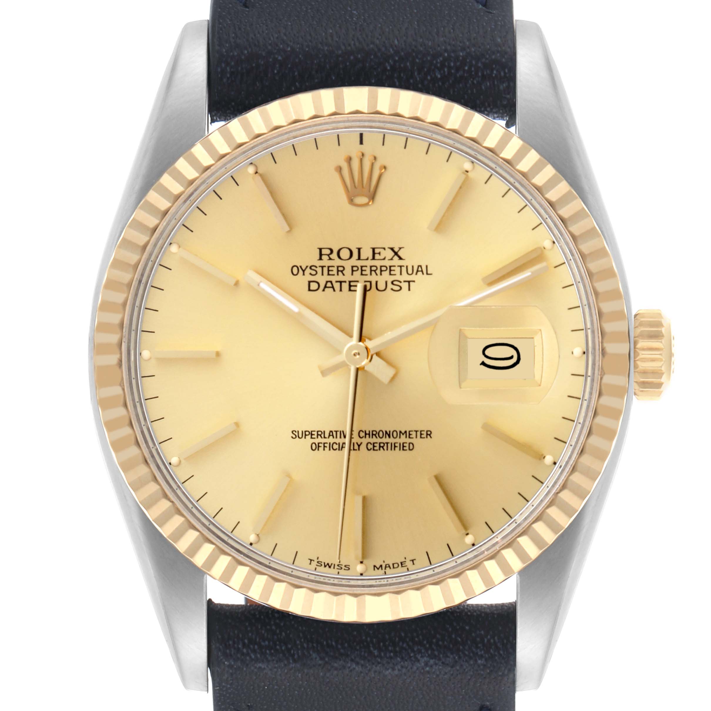 This image shows a frontal view of a Rolex Datejust 16013 Men's Steel and Gold (two tone) Champagne Dial 16013 Men's Steel and Gold (two tone) Champagne Dial watch, highlighting the dial, fluted bezel, and crown.