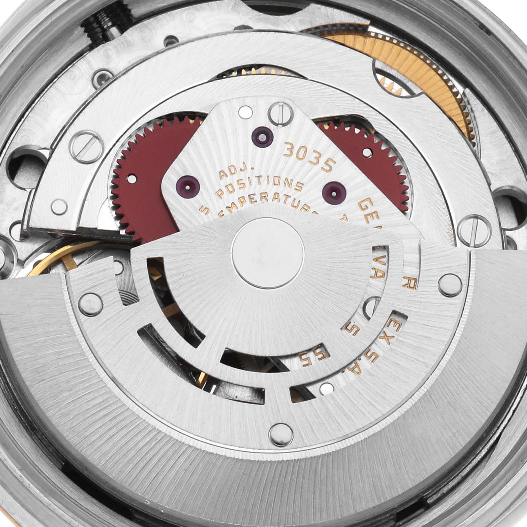 The image shows an overhead view of the Rolex Datejust 16013 Men's Steel and Gold (two tone) Champagne Dial 16013 Men's Steel and Gold (two tone) Champagne Dial movement, highlighting the rotor and gears.