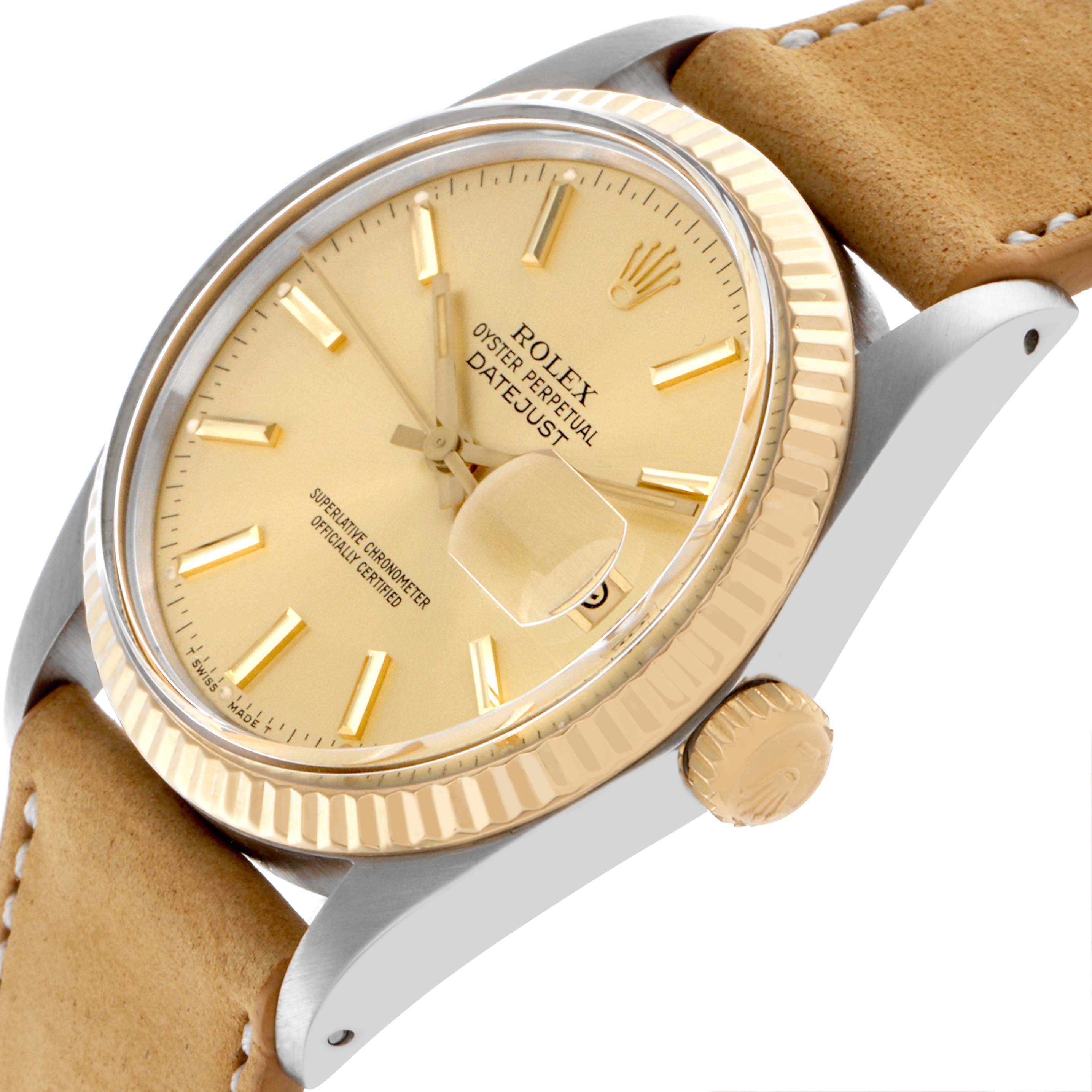 The Rolex Datejust 16013 Men's Steel and Gold (two tone) Champagne Dial 16013 Men's Steel and Gold (two tone) Champagne Dial watch is shown from a side angle, highlighting its gold dial, fluted bezel, crown, and leather strap.