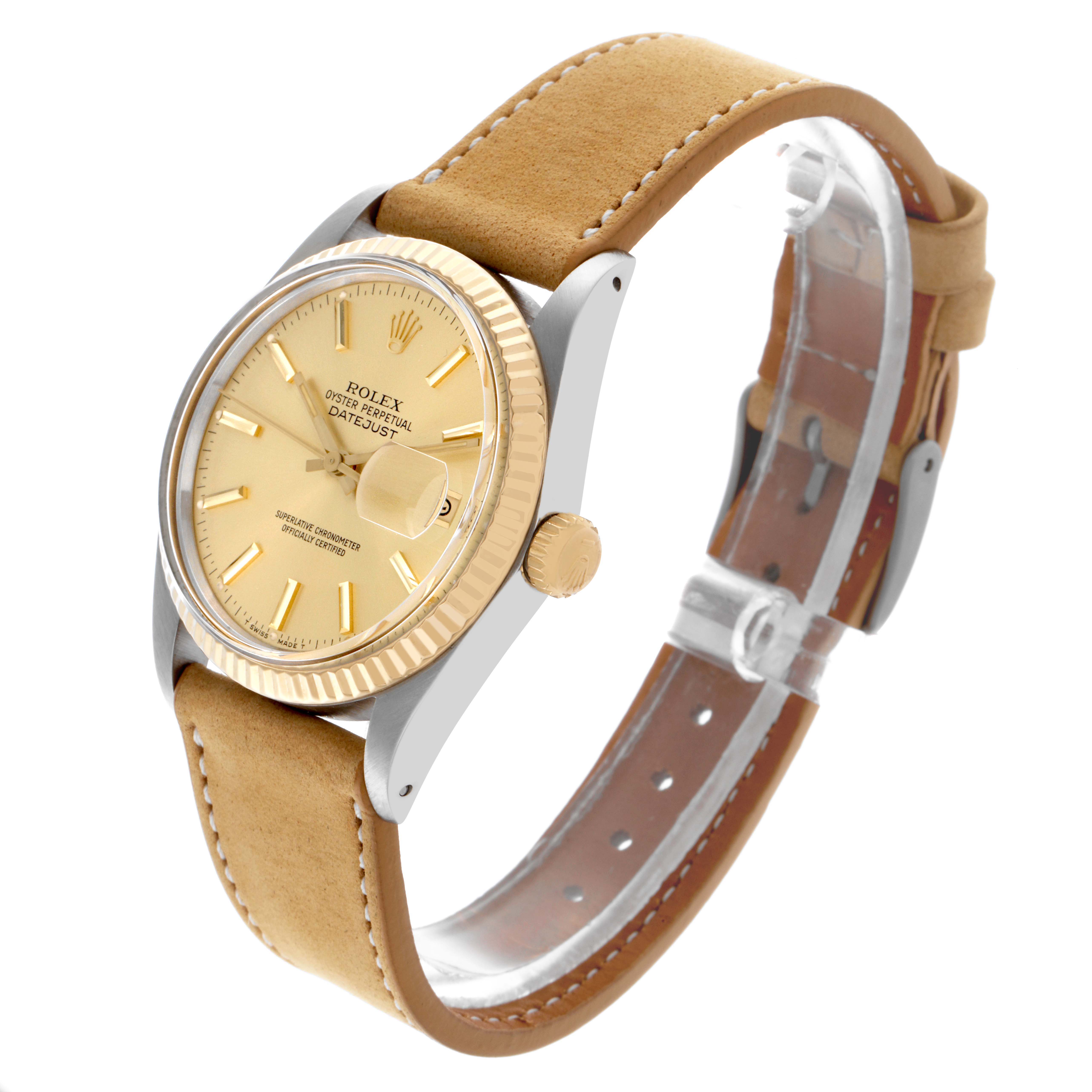 The Rolex Datejust 16013 Men's Steel and Gold (two tone) Champagne Dial 16013 Men's Steel and Gold (two tone) Champagne Dial watch is shown at a three-quarter angle displaying the face, bezel, crown, and leather strap.