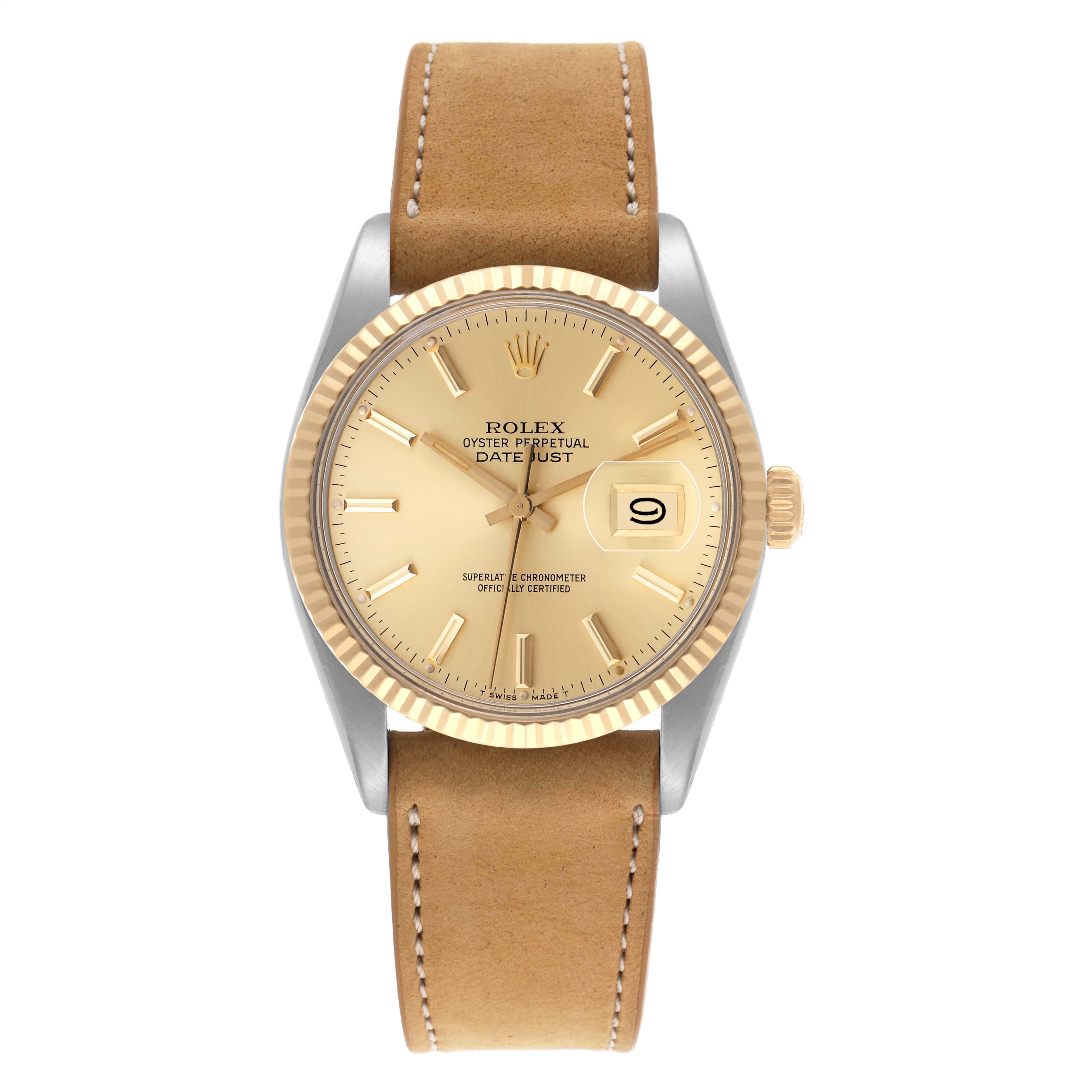 The Rolex Datejust 16013 Men's Steel and Gold (two tone) Champagne Dial 16013 Men's Steel and Gold (two tone) Champagne Dial watch is shown face-on, displaying its dial, bezel, and leather strap.