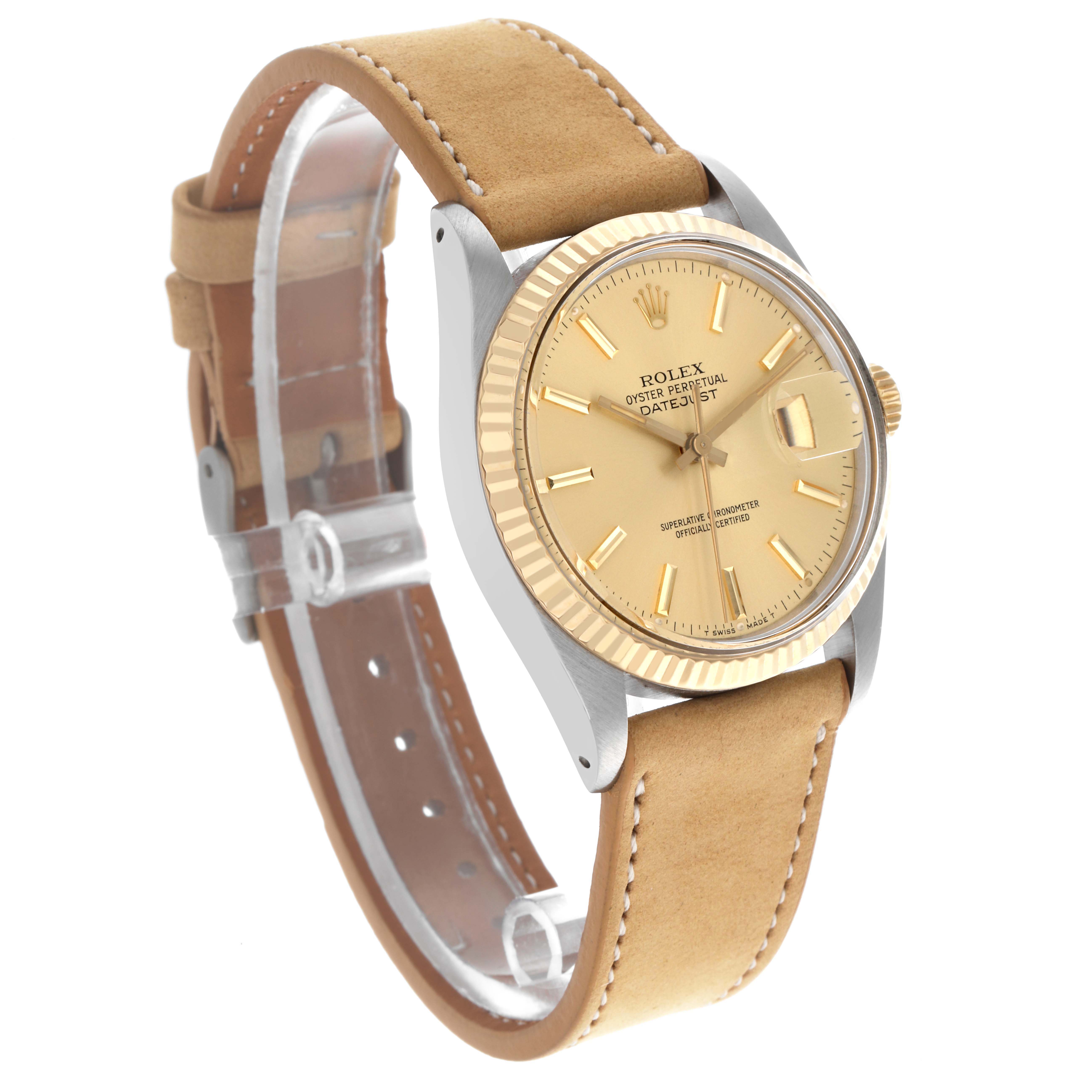 The Rolex Datejust 16013 Men's Steel and Gold (two tone) Champagne Dial 16013 Men's Steel and Gold (two tone) Champagne Dial watch is shown at a three-quarter angle, highlighting the dial, fluted bezel, and leather strap.