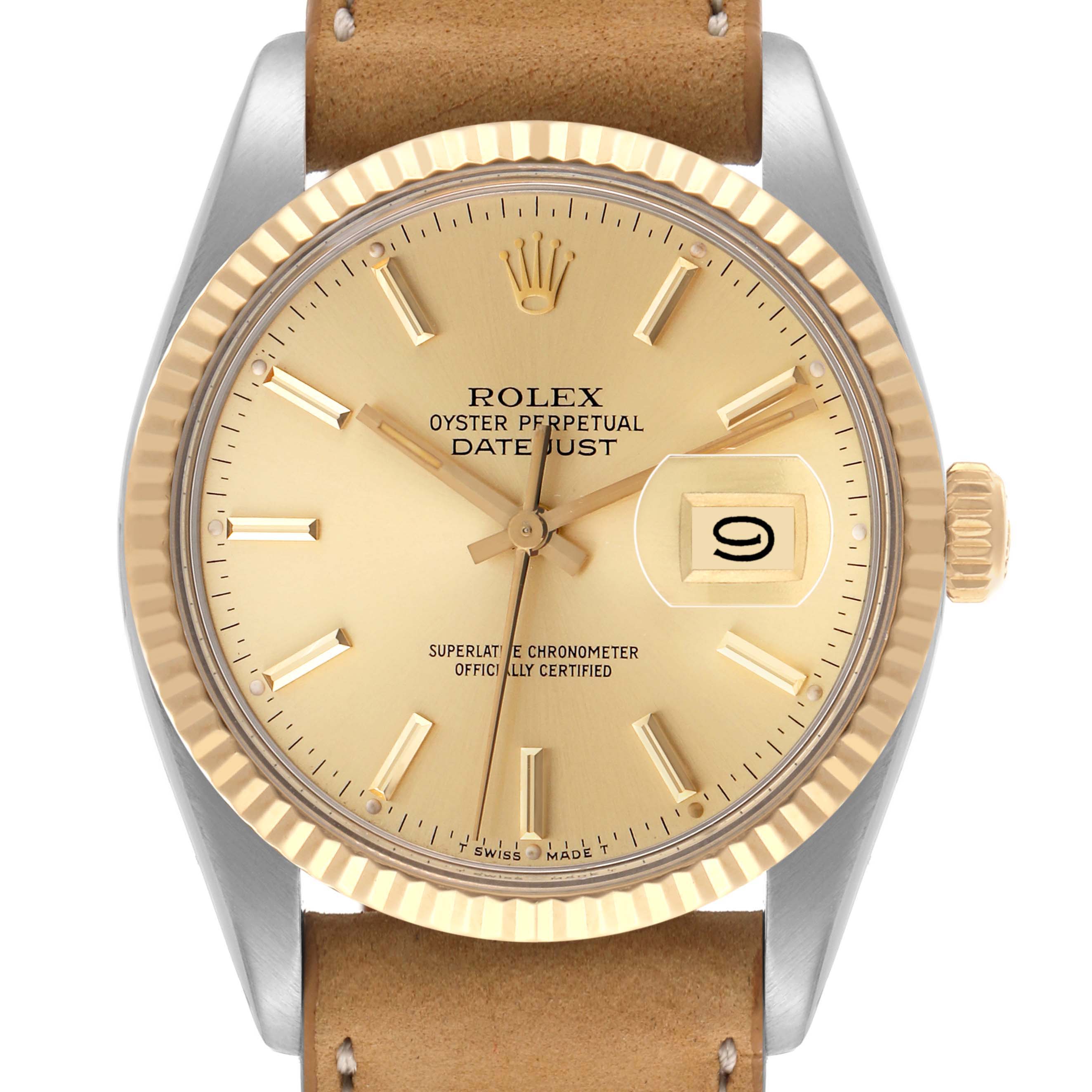 The image shows a front view of a Rolex Datejust 16013 Men's Steel and Gold (two tone) Champagne Dial 16013 Men's Steel and Gold (two tone) Champagne Dial, displaying its dial, fluted bezel, and crown.