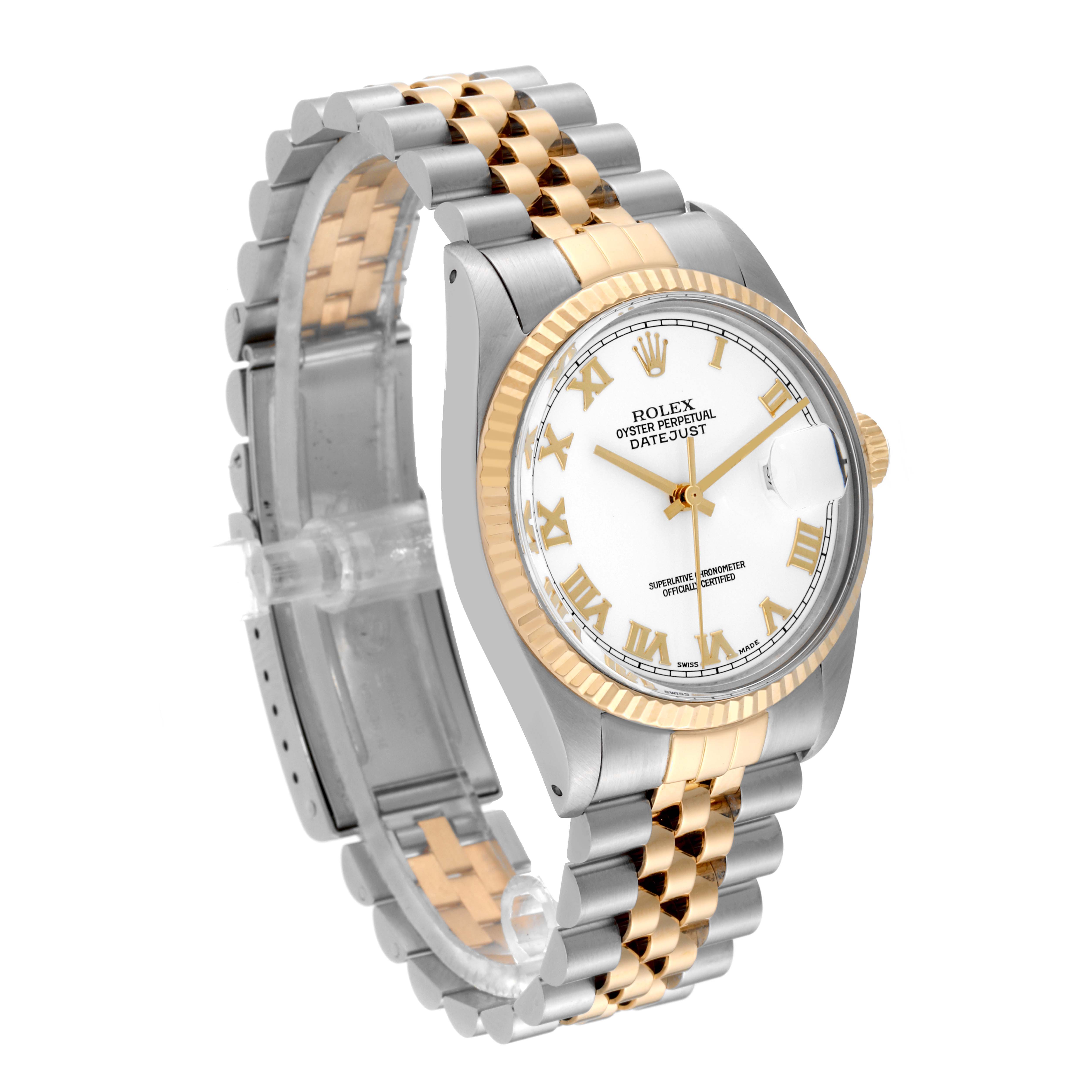 The image showcases a Rolex Vintage Collection 16013 Men's Steel and Gold (two tone) White Dial 16013 Men's Steel and Gold (two tone) White Dial Datejust watch from an angled view, highlighting its bezel, dial, and bracelet.