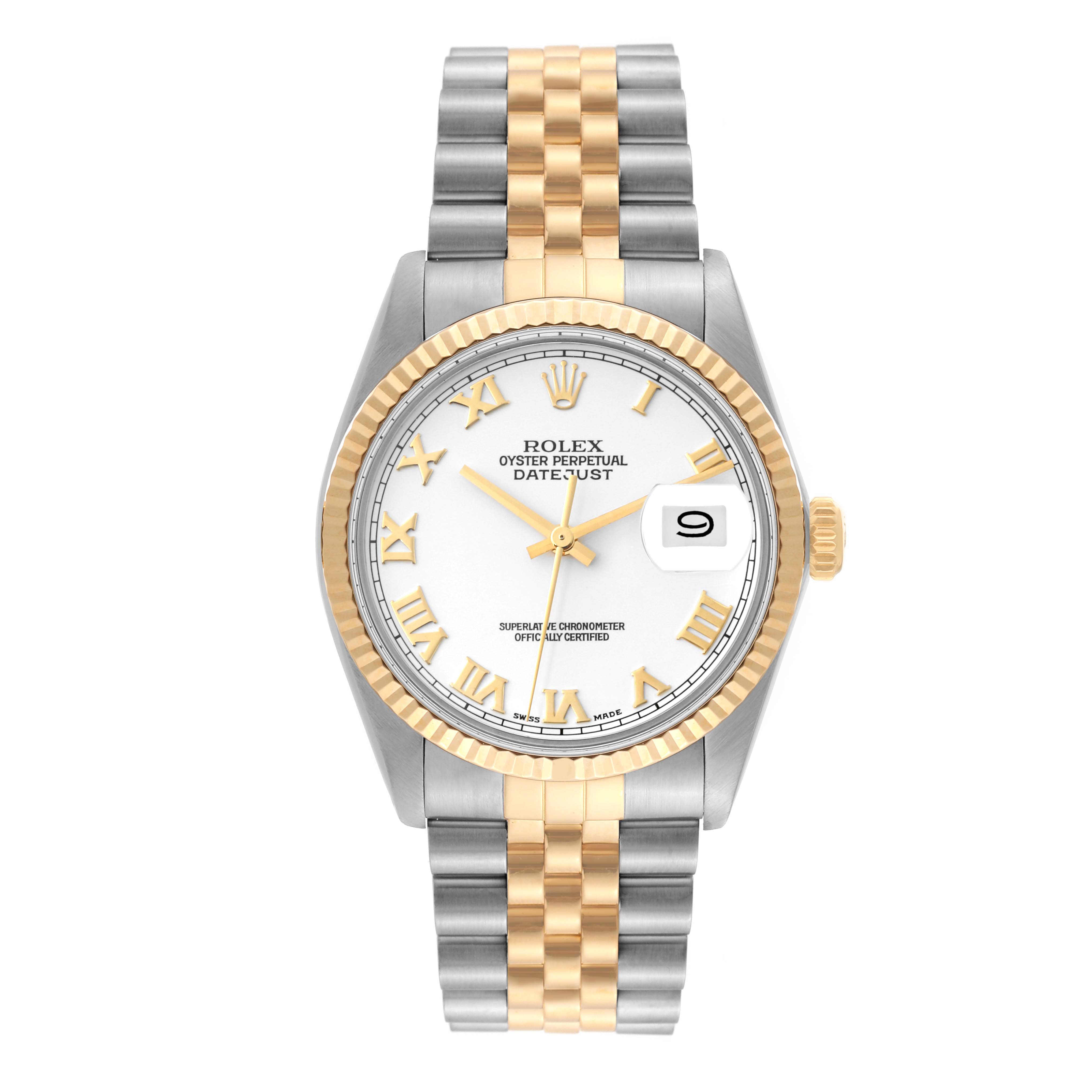 The image shows a front view of the Rolex Vintage Collection 16013 Men's Steel and Gold (two tone) White Dial 16013 Men's Steel and Gold (two tone) White Dial model watch, highlighting the dial, bezel, and bracelet.