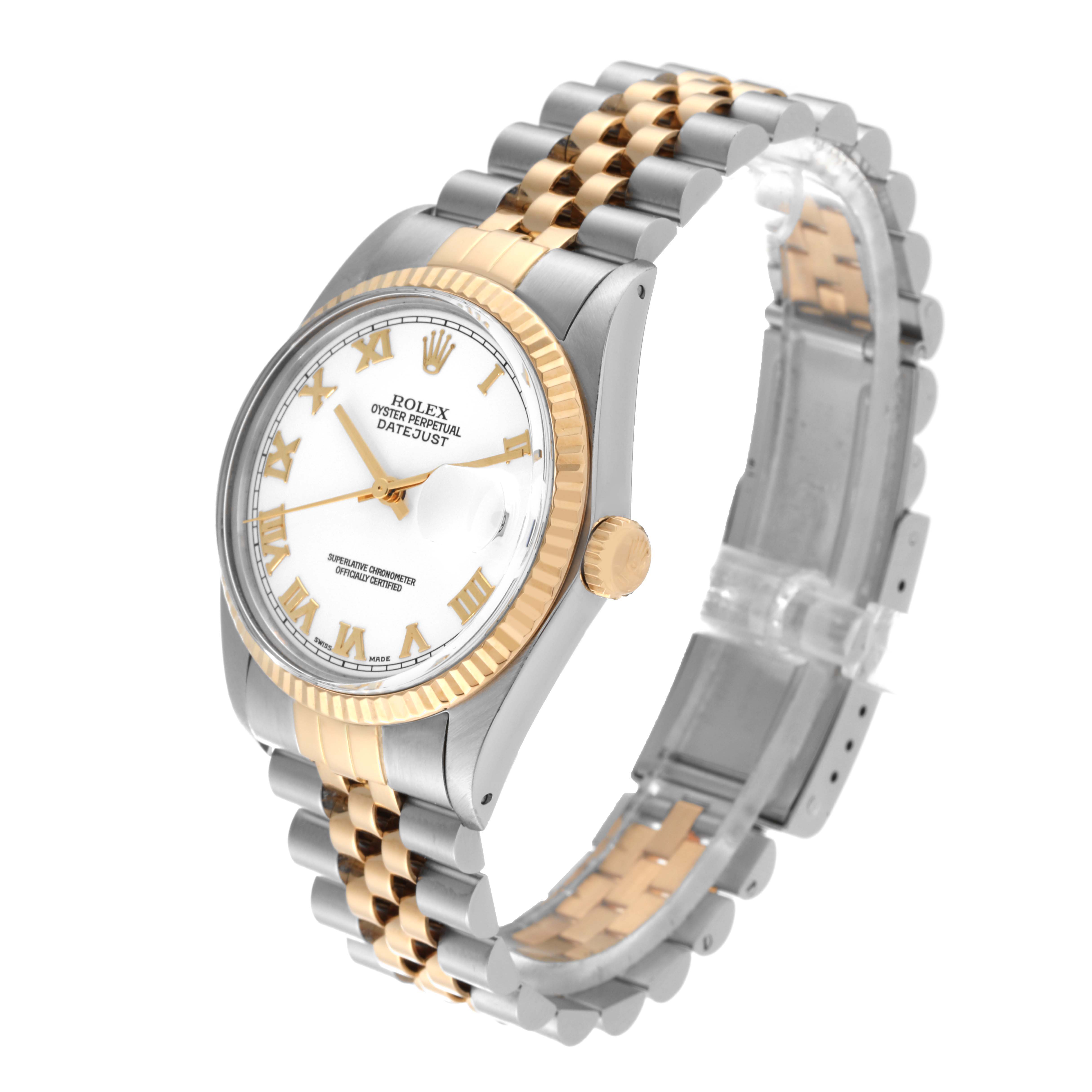 The Rolex Vintage Collection 16013 Men's Steel and Gold (two tone) White Dial 16013 Men's Steel and Gold (two tone) White Dial watch is shown at an angled view, highlighting its face, bezel, crown, and metal link bracelet.
