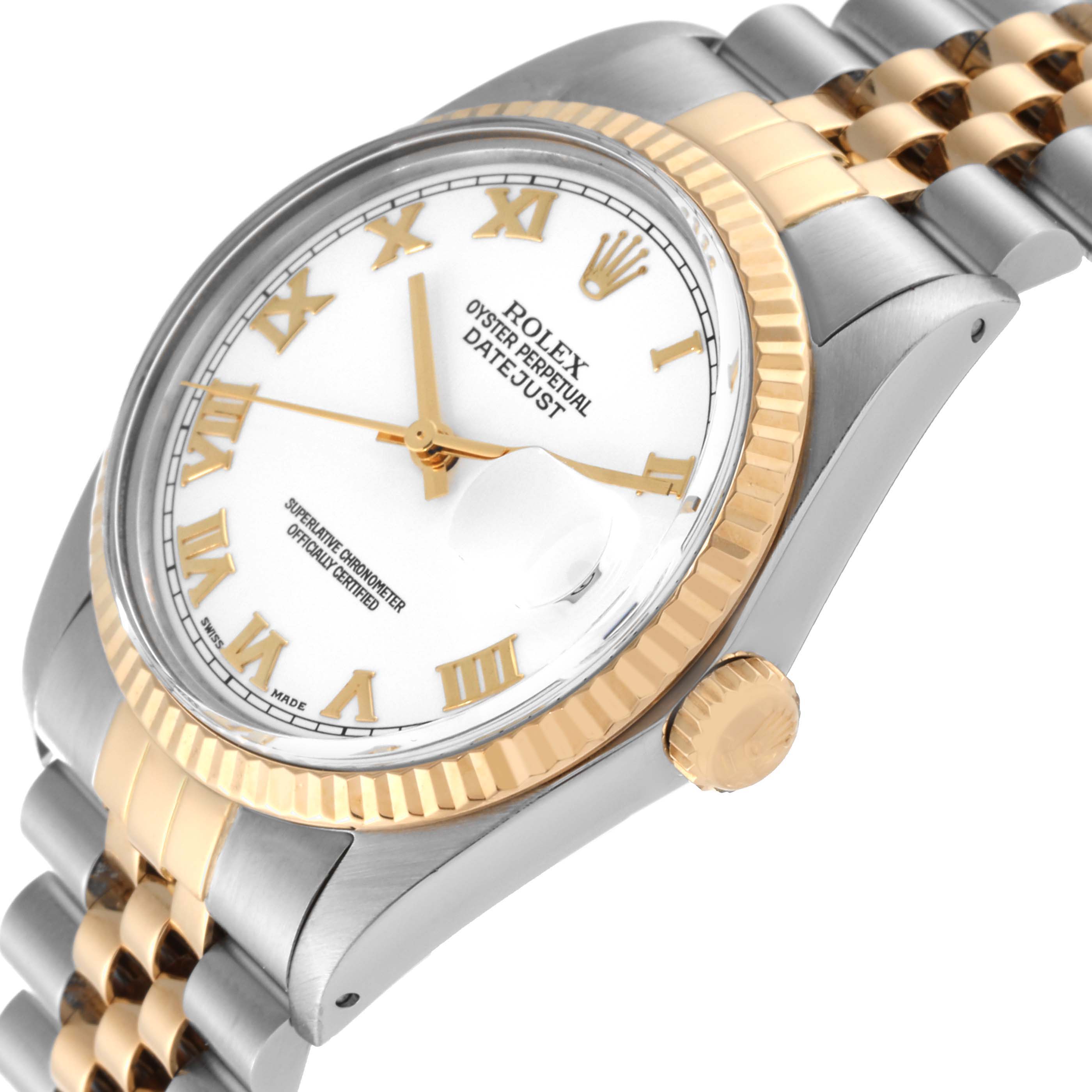 The image shows a Rolex Vintage Collection 16013 Men's Steel and Gold (two tone) White Dial 16013 Men's Steel and Gold (two tone) White Dial Datejust watch angled to display the face, crown, and part of the bracelet.
