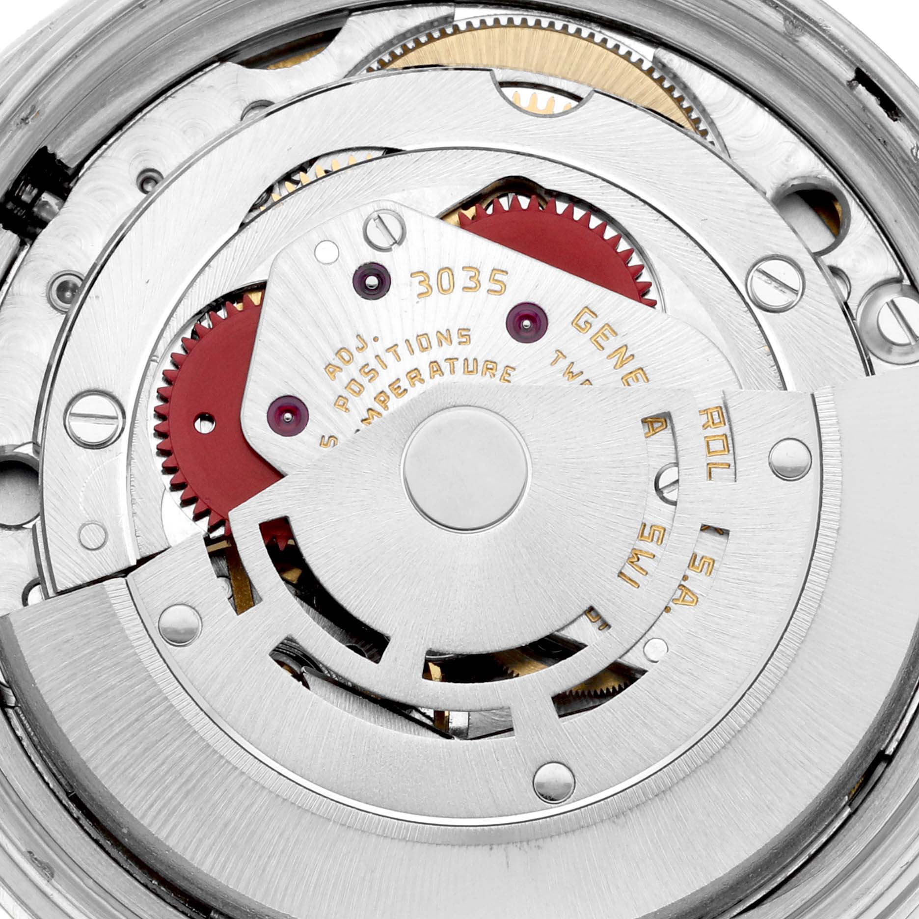 The image shows a close-up view of the internal mechanism of a Rolex Vintage Collection 16013 Men's Steel and Gold (two tone) White Dial 16013 Men's Steel and Gold (two tone) White Dial watch model 3035, highlighting its intricate gears and components.