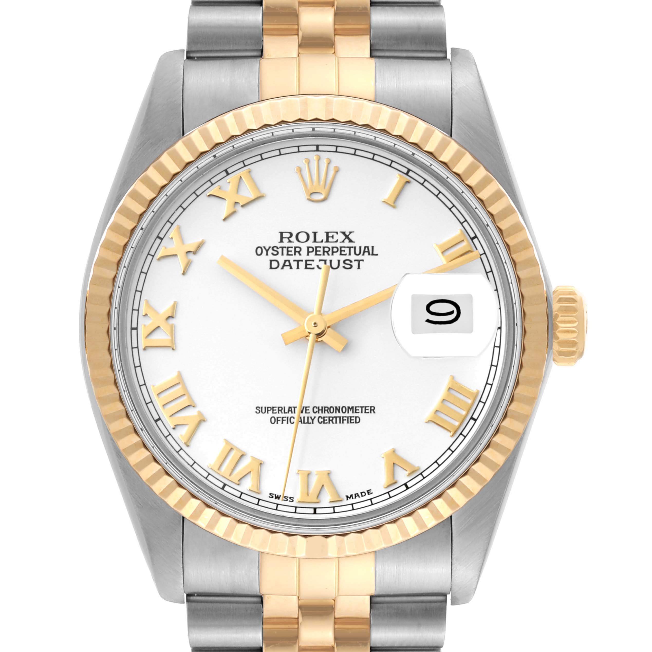 The image shows a Rolex Vintage Collection 16013 Men's Steel and Gold (two tone) White Dial 16013 Men's Steel and Gold (two tone) White Dial Datejust watch, displaying the face, bezel, and part of the bracelet from a front angle.