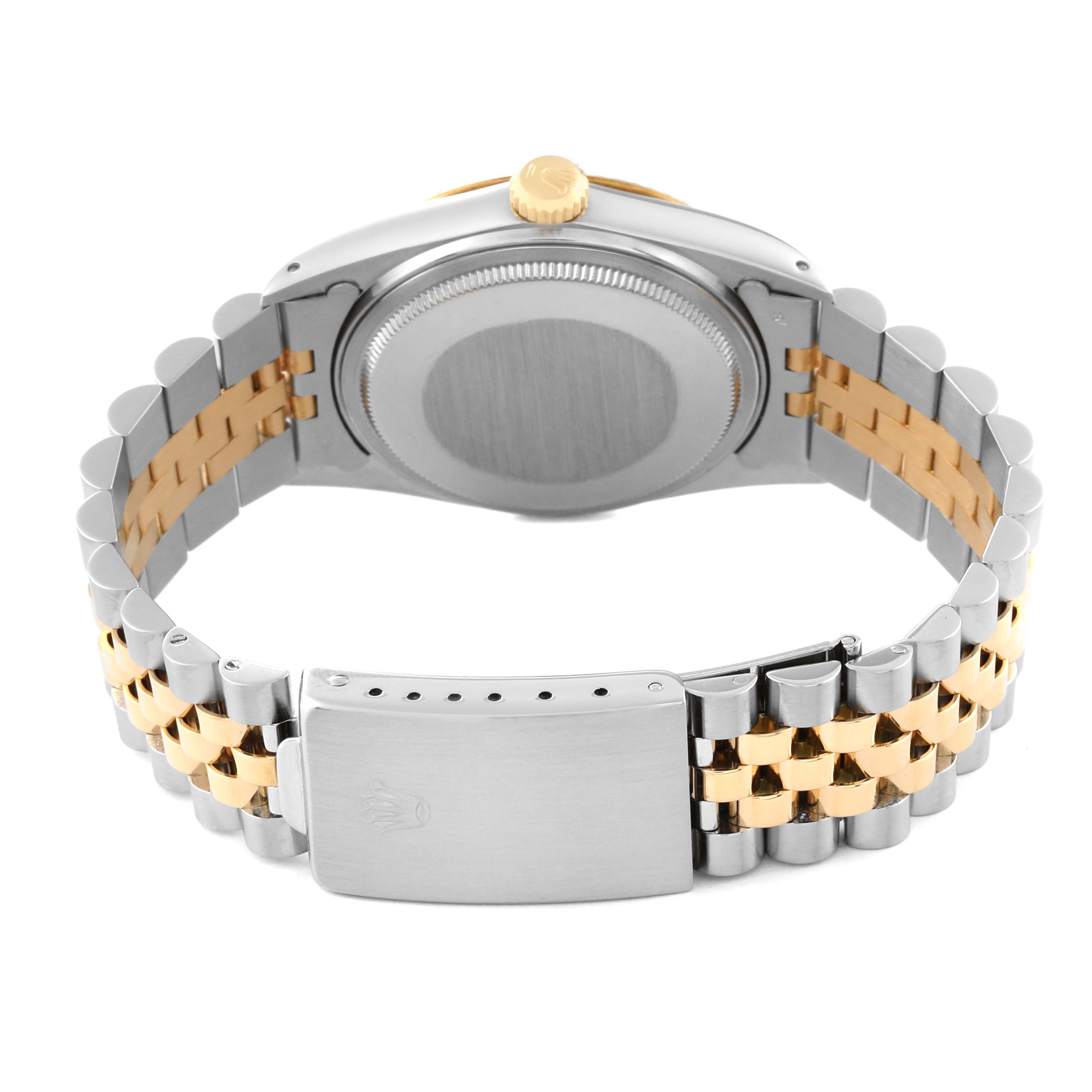 This image shows the back and clasp of a Rolex Vintage Collection 16013 Men's Steel and Gold (two tone) White Dial 16013 Men's Steel and Gold (two tone) White Dial watch, highlighting its two-tone metal bracelet.