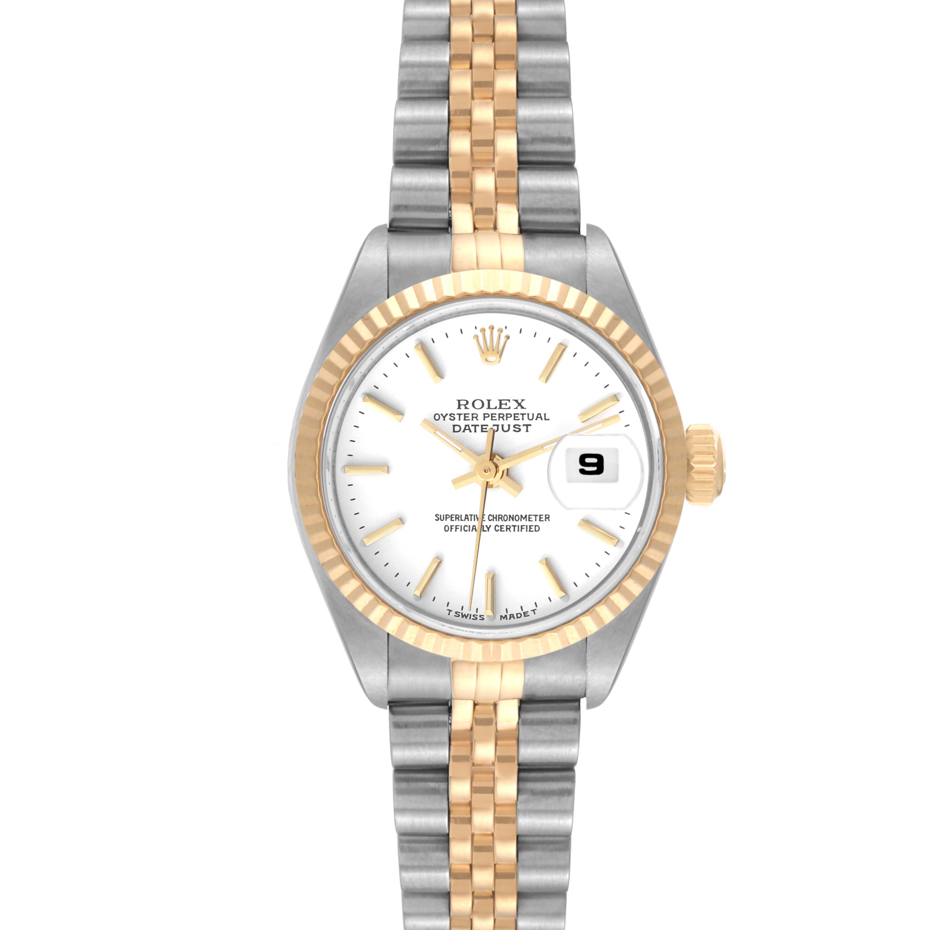 The image shows a front view of the Rolex Datejust 69173 Women's Steel and Gold (two tone) White Dial 69173 Women's Steel and Gold (two tone) White Dial, displaying its dial, bracelet, and fluted bezel.