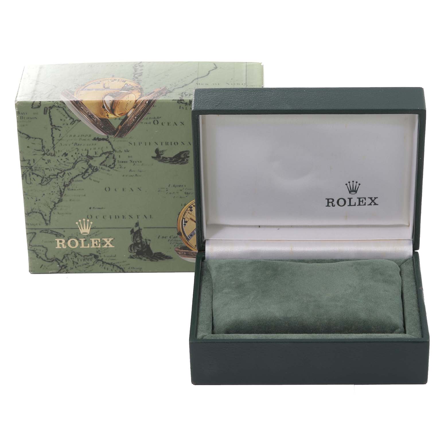 The image shows a Rolex Datejust 69173 Women's Steel and Gold (two tone) White Dial 69173 Women's Steel and Gold (two tone) White Dial model green storage box, both partly open and closed, featuring the brand name and logo.