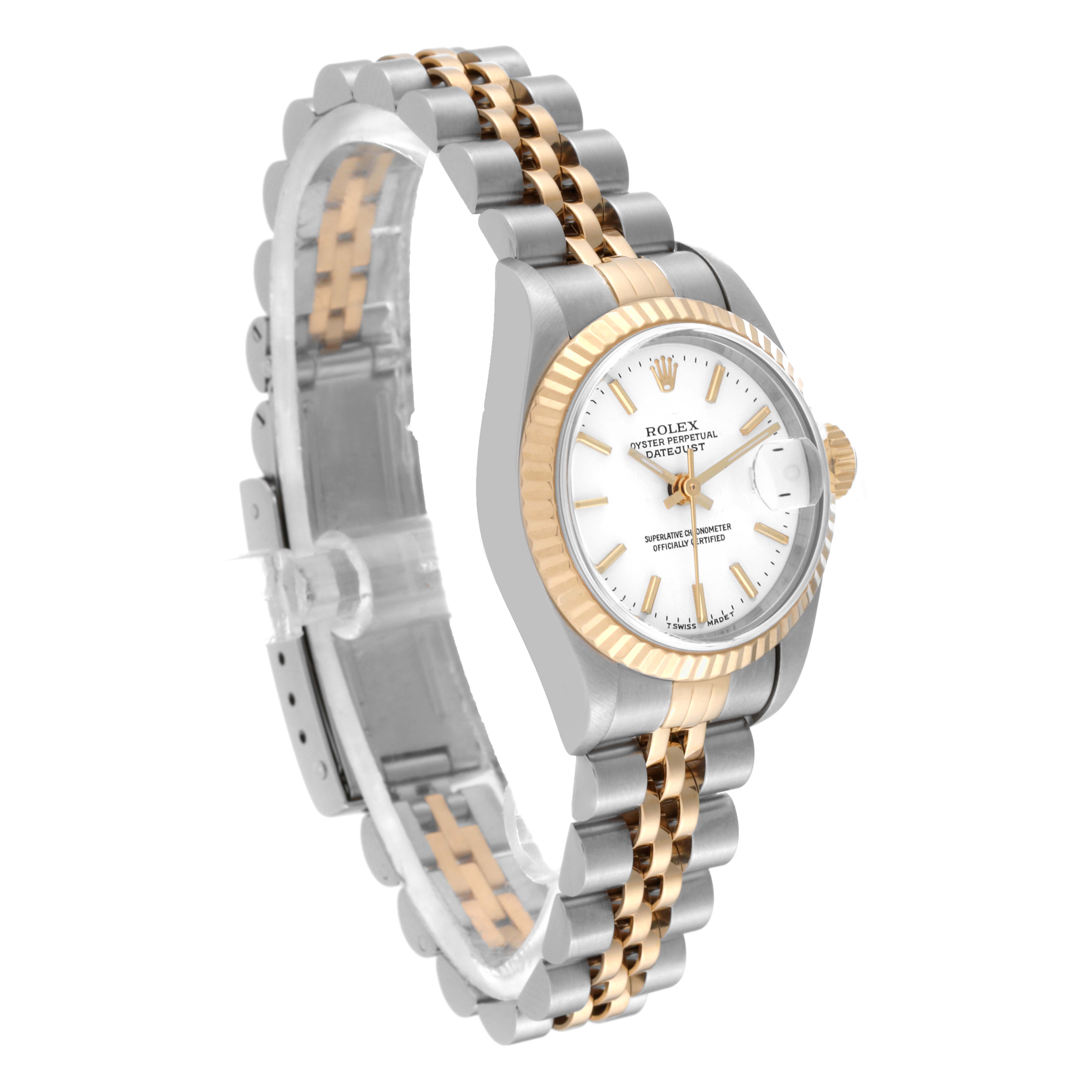 This image shows a Rolex Datejust 69173 Women's Steel and Gold (two tone) White Dial 69173 Women's Steel and Gold (two tone) White Dial watch at an angled side view, featuring a silver and gold Jubilee bracelet and fluted bezel.