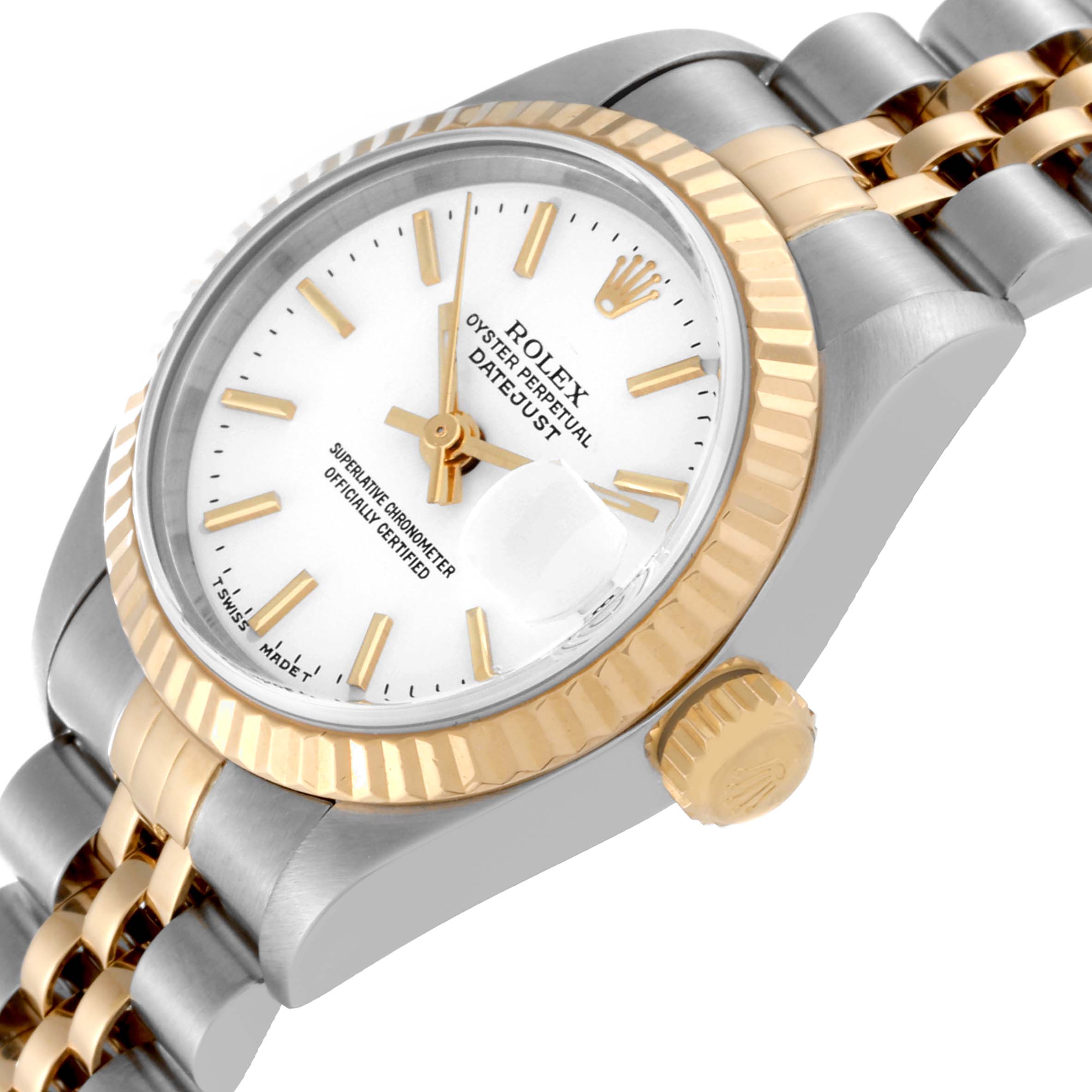 This image shows a close-up side angle of a Rolex Datejust 69173 Women's Steel and Gold (two tone) White Dial 69173 Women's Steel and Gold (two tone) White Dial watch, highlighting the bezel, dial, crown, and part of the bracelet.