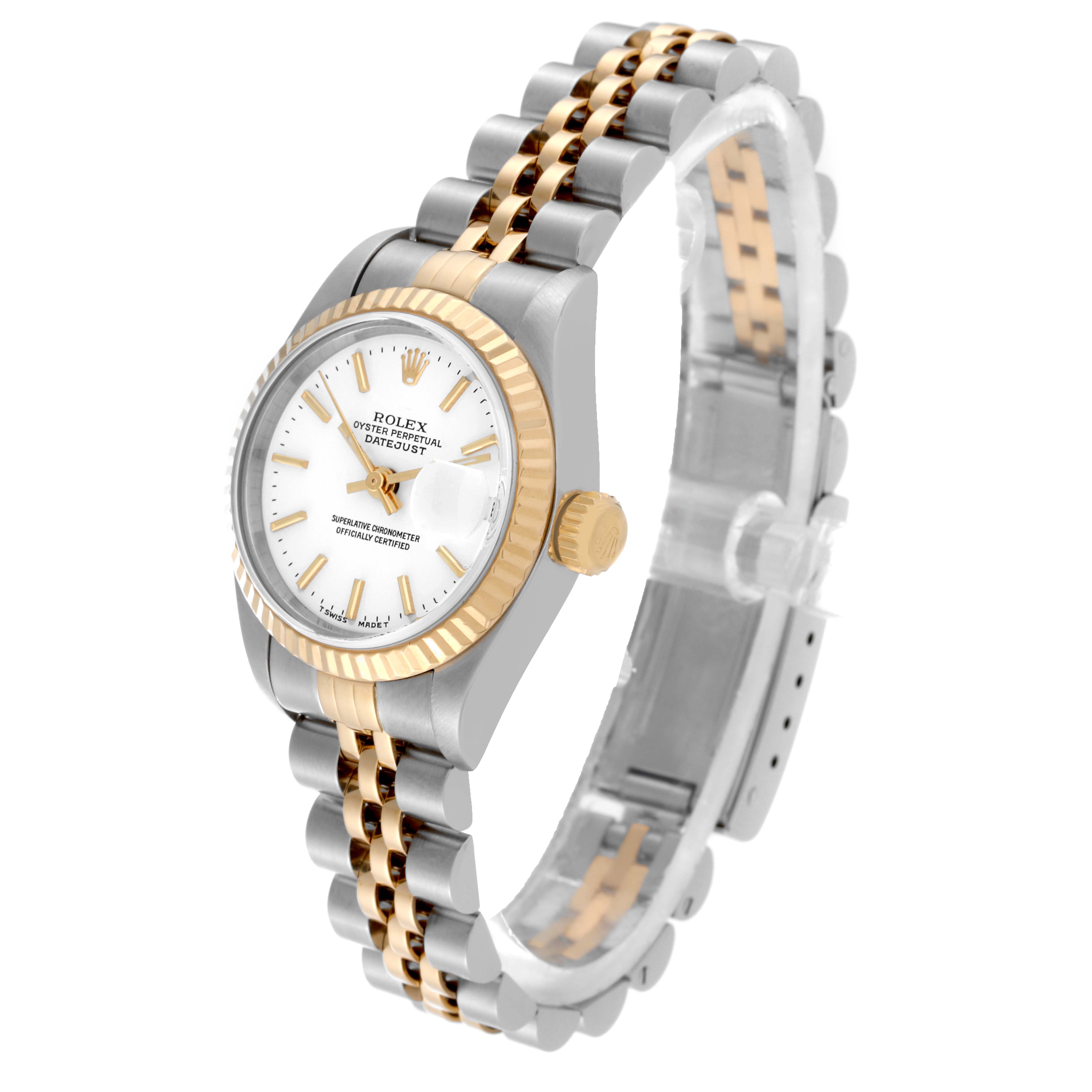 This image shows a Rolex Datejust 69173 Women's Steel and Gold (two tone) White Dial 69173 Women's Steel and Gold (two tone) White Dial watch from a three-quarter angle, highlighting its dial, case, and jubilee bracelet.