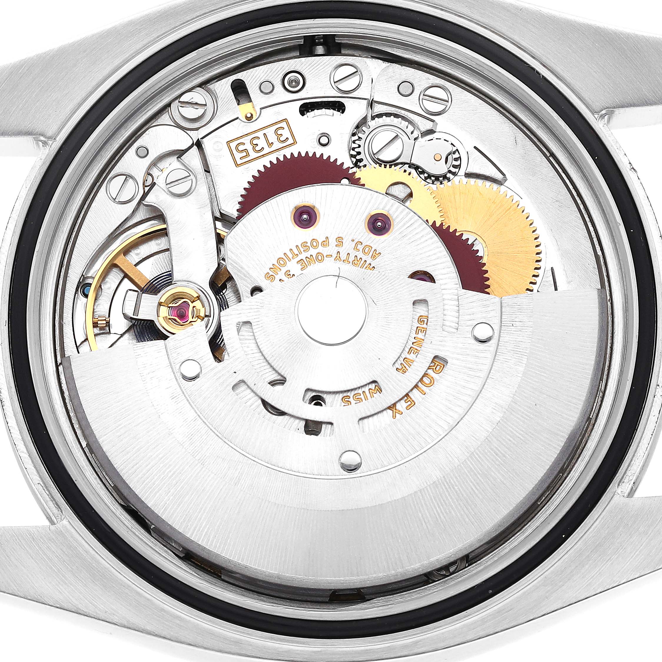 The image shows the internal mechanism of a Rolex Datejust 116200 Men's Stainless Steel White Dial 116200 Men's Stainless Steel White Dial watch from the back.