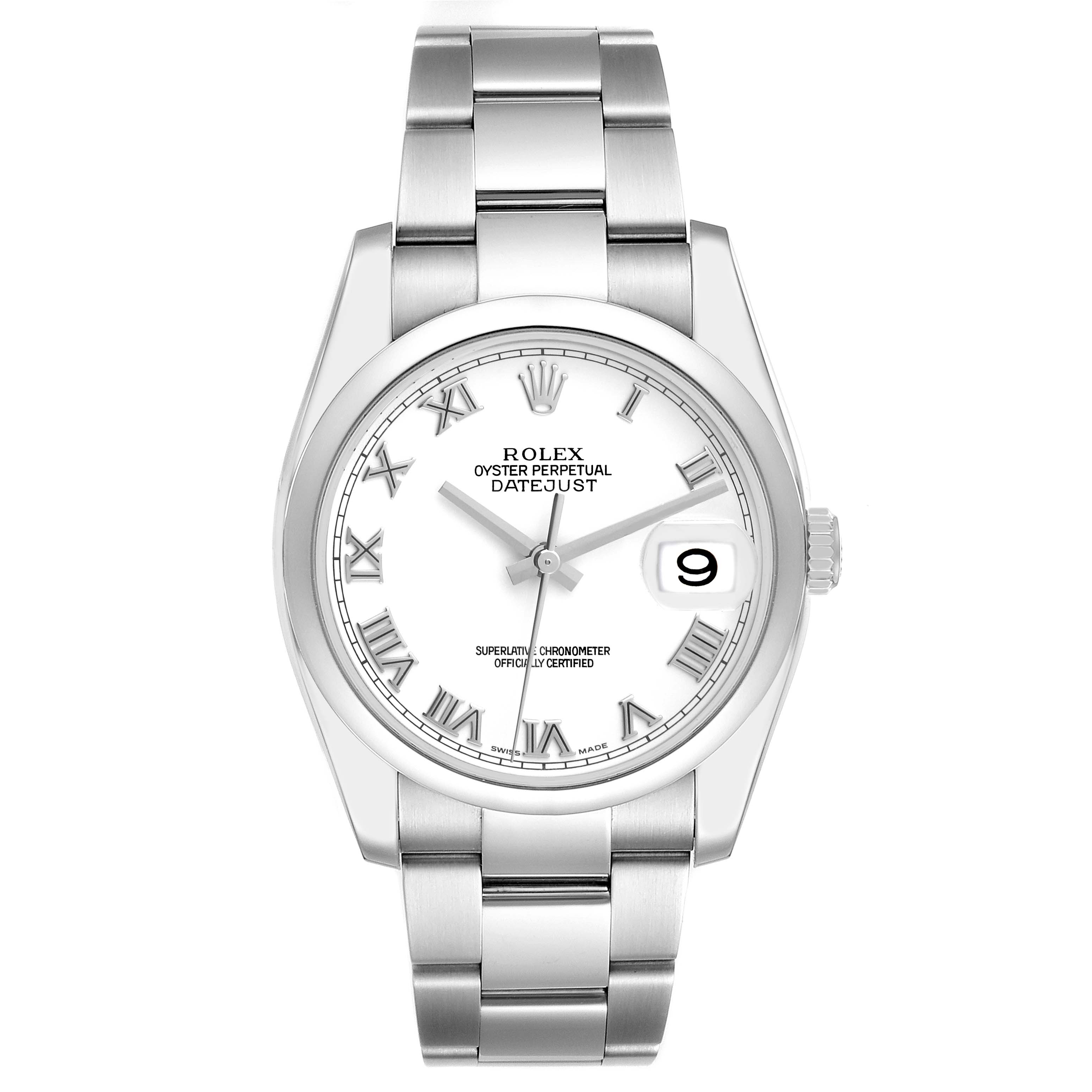 This image shows a front view of a Rolex Datejust 116200 Men's Stainless Steel White Dial 116200 Men's Stainless Steel White Dial watch displaying the white dial, stainless steel bracelet, and date window.