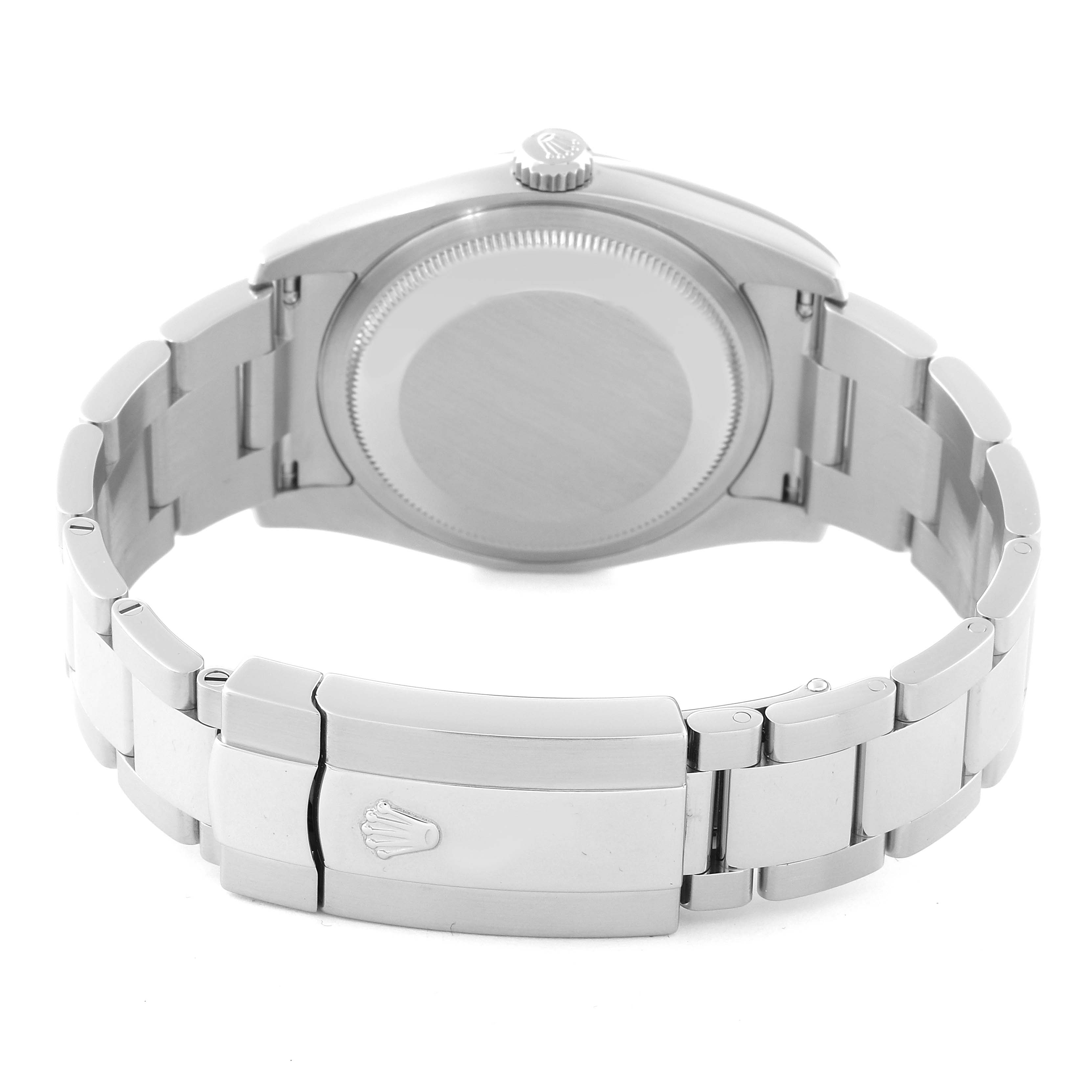 This image shows the back view of a Rolex Datejust 116200 Men's Stainless Steel White Dial 116200 Men's Stainless Steel White Dial watch, highlighting its caseback and clasp.