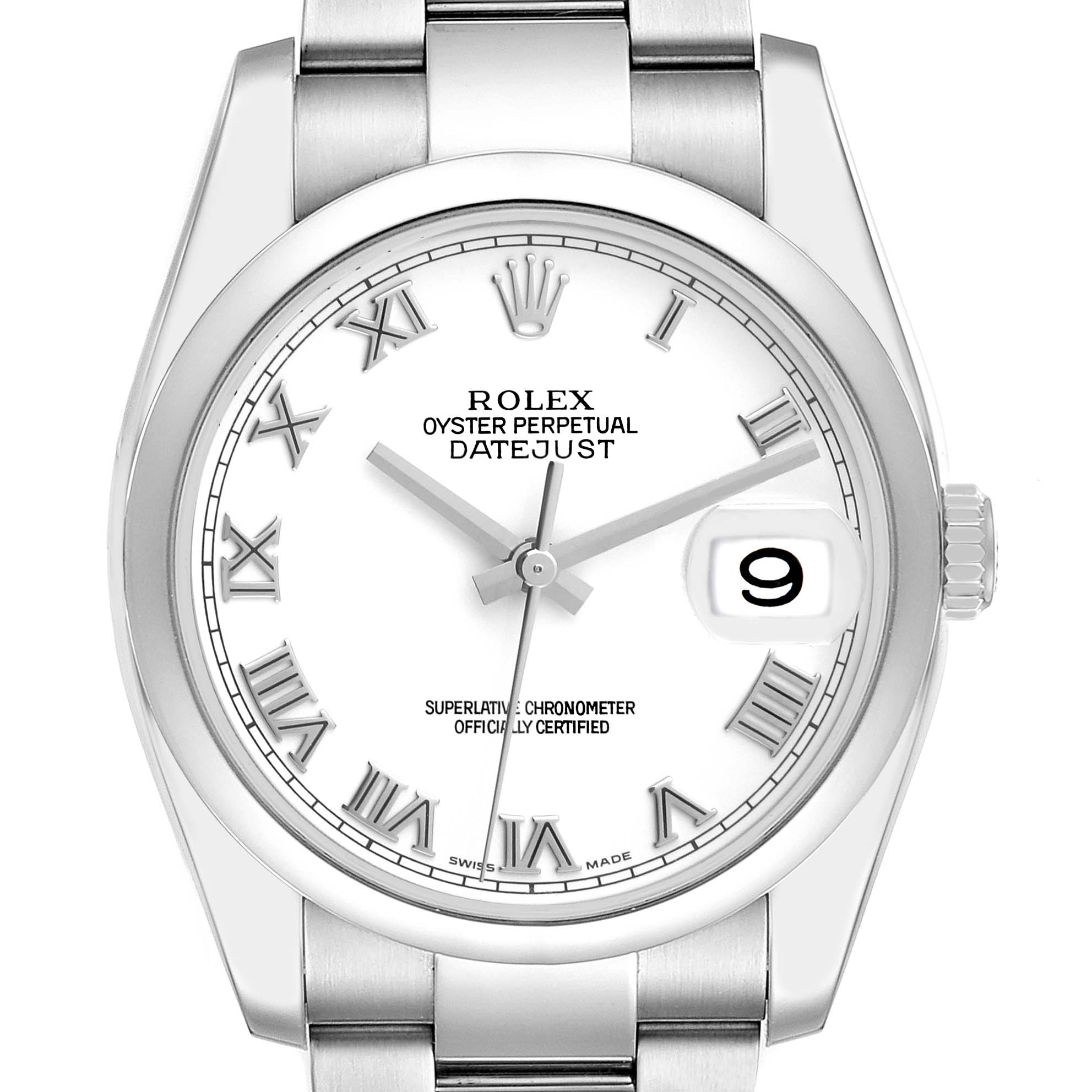 This is a close-up of a Rolex Datejust 116200 Men's Stainless Steel White Dial 116200 Men's Stainless Steel White Dial watch showing the dial, Roman numerals, hands, date window, and part of the bracelet.